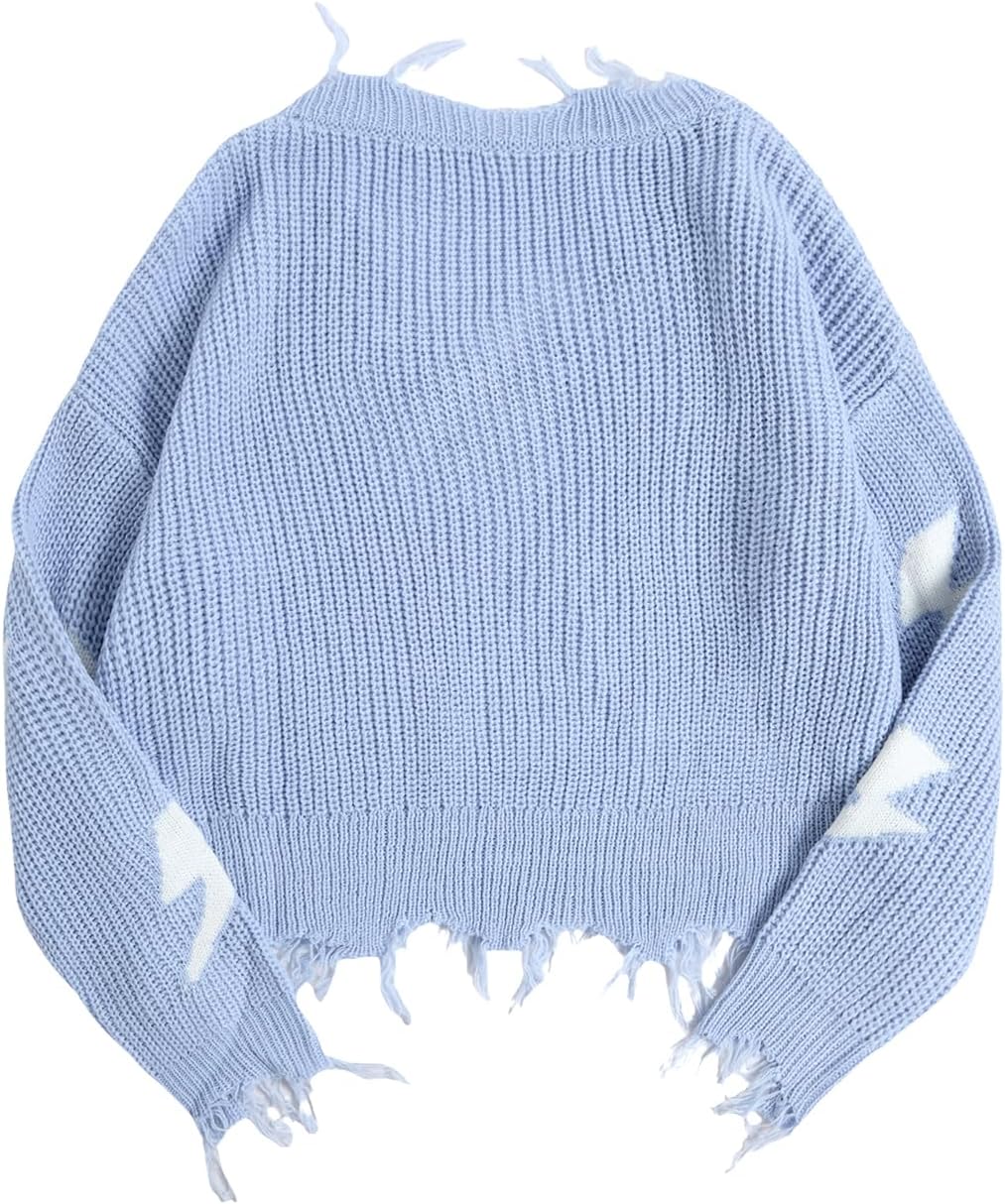Verdusa Girl's Graphic Ripped Pullover Sweaters Drop Shoulder Knit Tops Fall Clothes