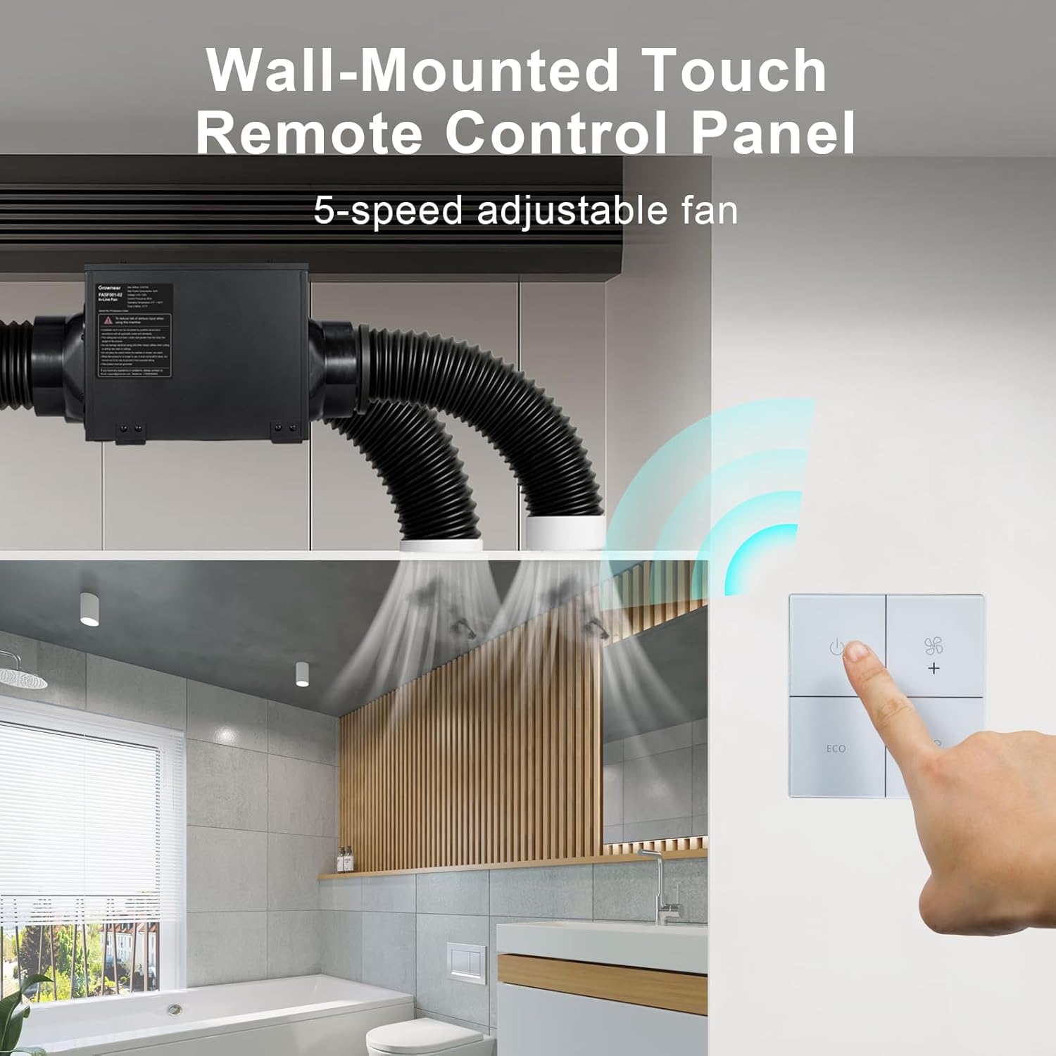 Wireless remote control panel for the GROWNEER Inline Exhaust Fan, showing buttons for power, speed adjustment, and ECO mode.