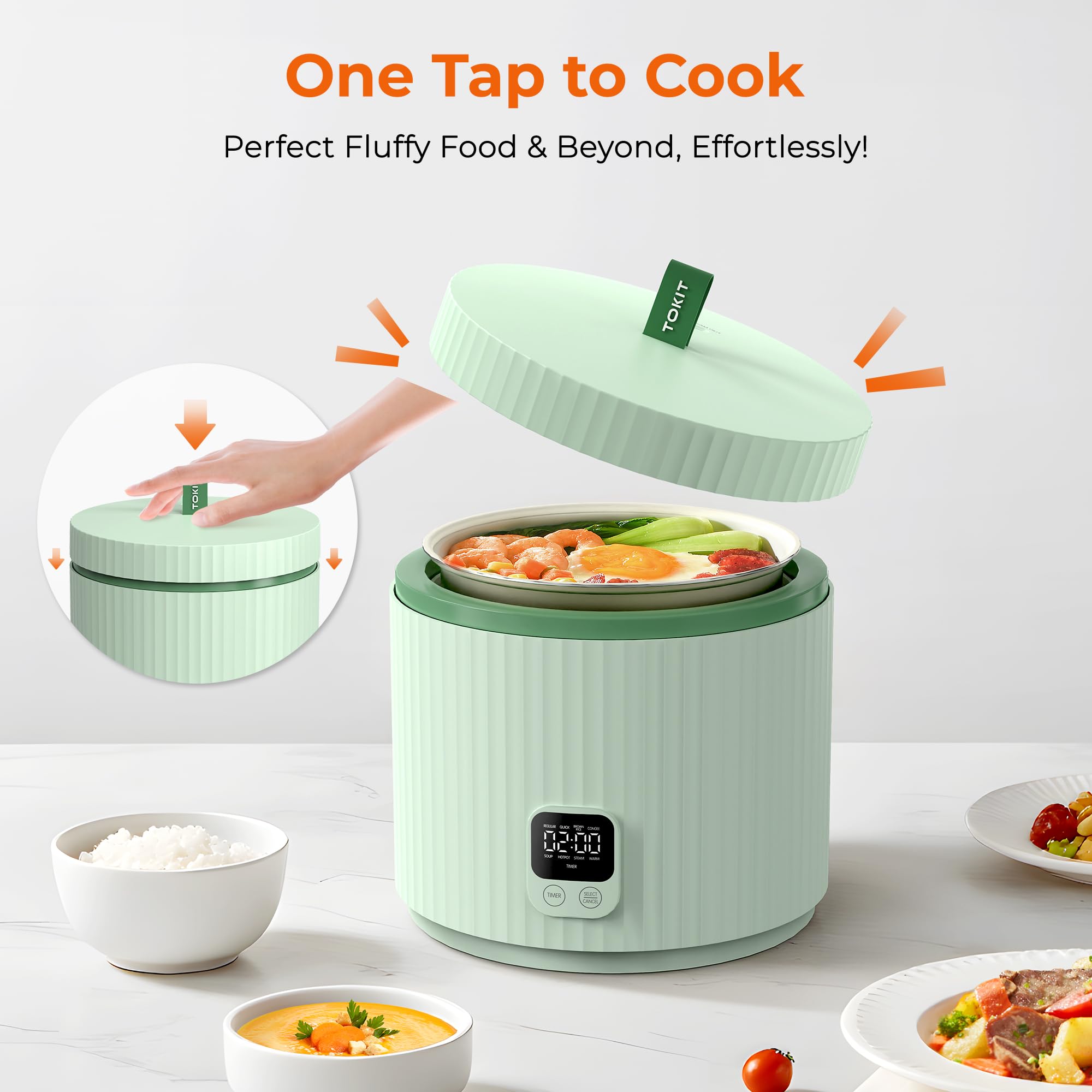 TOKIT Reiskocher 1.5L Mini Elektrische Reis Kocher, Multifunktionskocher mit Keramik Antihaftbeschichtung Innen Topf, 350W Leistung für 1-3 Personen (Grün)