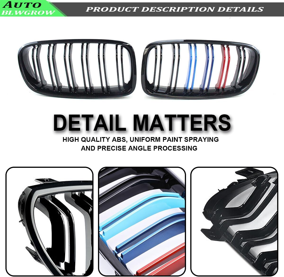 Front Kidney Grille Glossy Black Compatible with 2006-2009 3 Series E92 & E93 Double Slats Grill Gloss Black With M Color