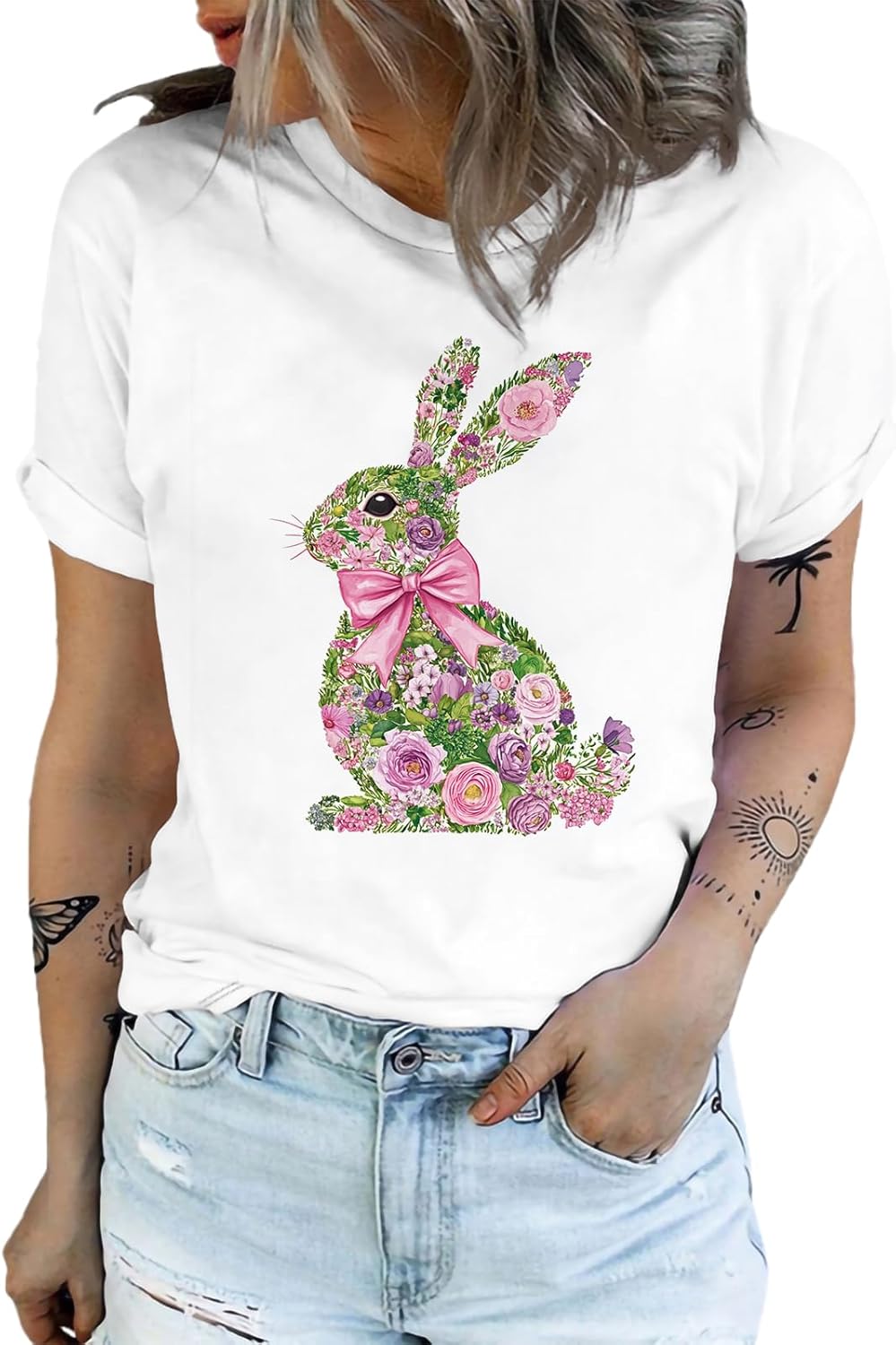 MARSVOVO Easter Shirts for Women Funny Bunny Print Cute Grapic Short Sleeve Cotton Soft Casual Easter Tops for Women