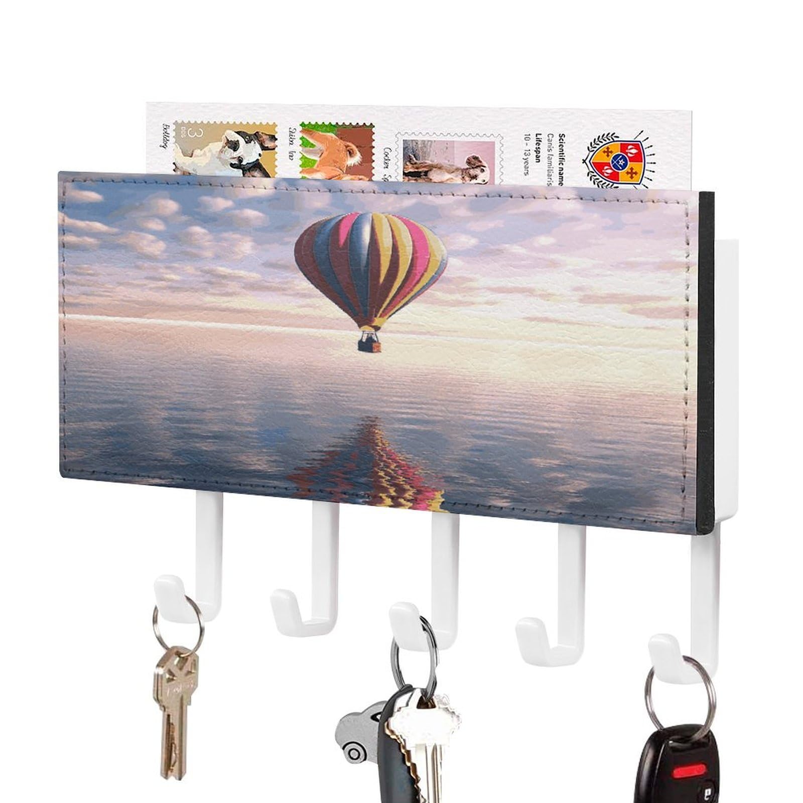 Fekiloot White-Style Hot Air Balloon Over The Sea Key Holder Wall Mount Key And Mail Holder Key Hanger With 5 Hooks Decorative Pu Key Rack Hanging Key Hooks For Wall Living Room Kitchen Bathroom Hallway