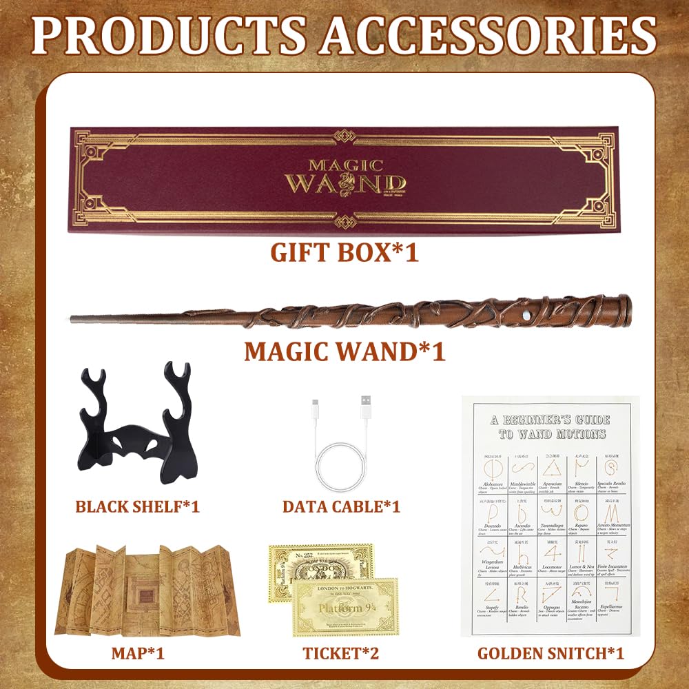 Varita HP Con Luz Y Carga USB, Incluye Caja, Mapa, Billetes Y Soporte, Ideal Para Fans Del Mundo Mágico