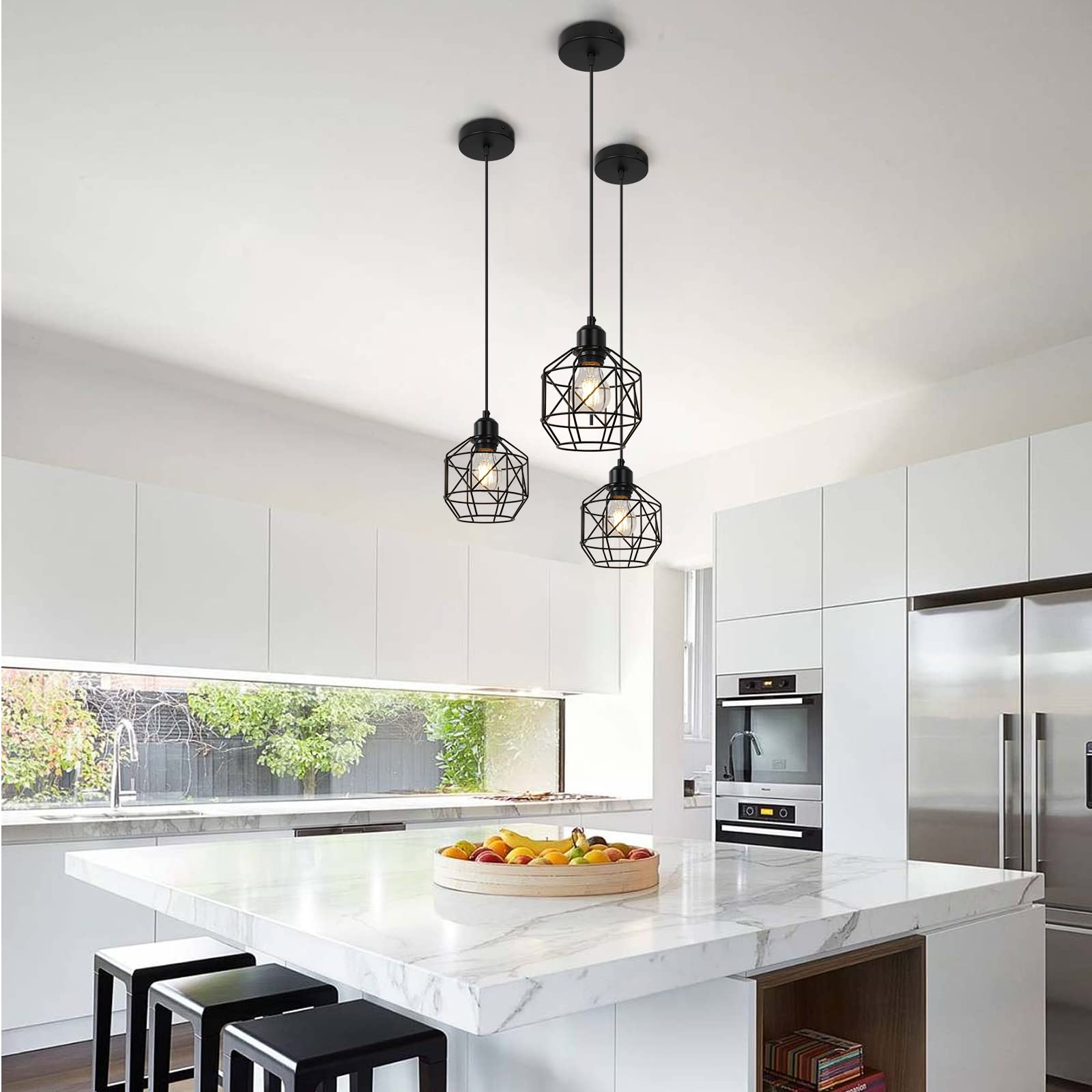 3-Pack Black Pendant Lights For Kitchen Island – 1-Light Farmhouse Cage Fixture With Clear Glass Shade – Adjustable Height, E26 Base