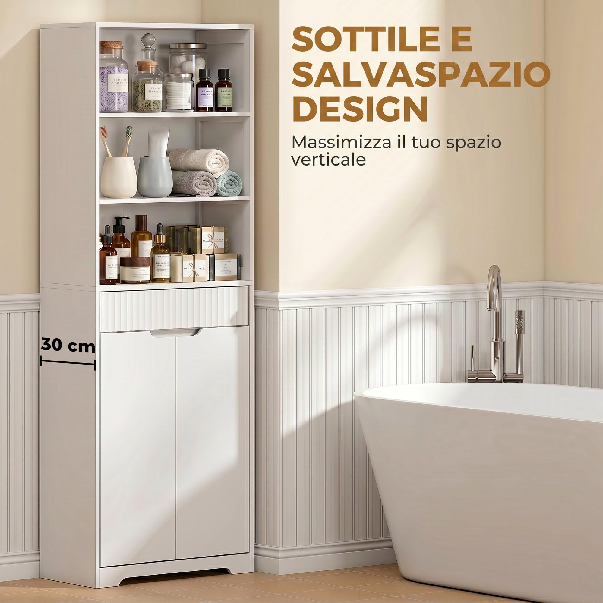 HOMCOM Mobile Bagno Alto Stretto, Mobiletto Bagno Salvaspazio con Armadietto Ante Soft Close, 3 Ripiani Aperti, Cassetto Scanalato, Ripiano Regolabile, per Lavanderia, 60x30x171 cm, Bianco