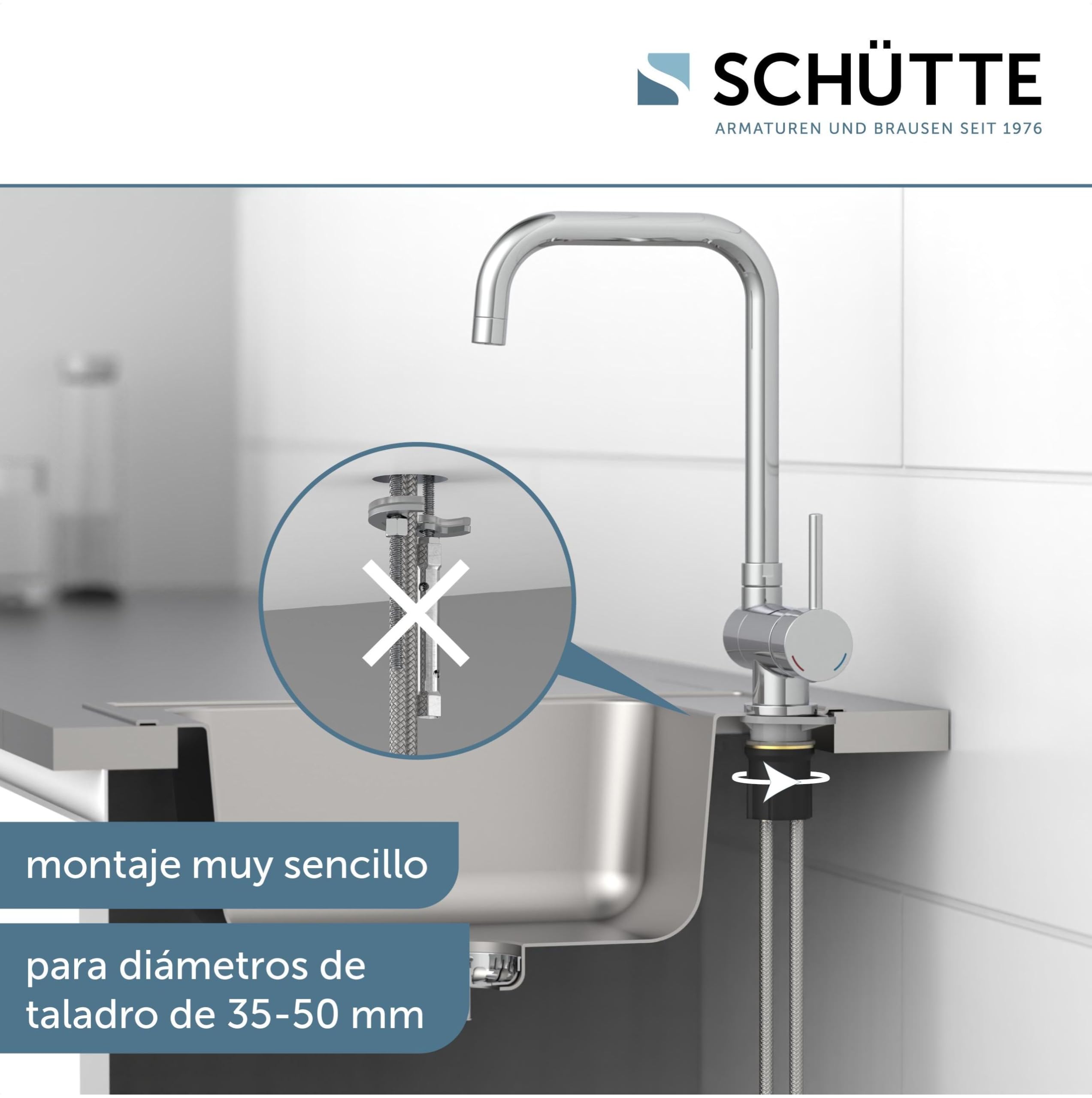 SCHÜTTE 24550 WINDOW Grifo Monomando de Cocina Bajo Ventana, Orientable 360°, Cromado