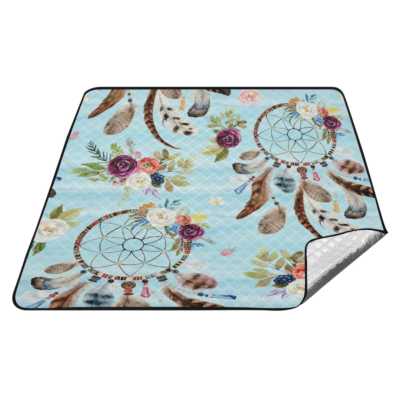 Picknickdecke, 200 x 200 cm, Feder-Traumfänger, große Picknick-Matte, wasserdicht, Stranddecke, tragbarer Outdoor-Teppich, Camping-Matte