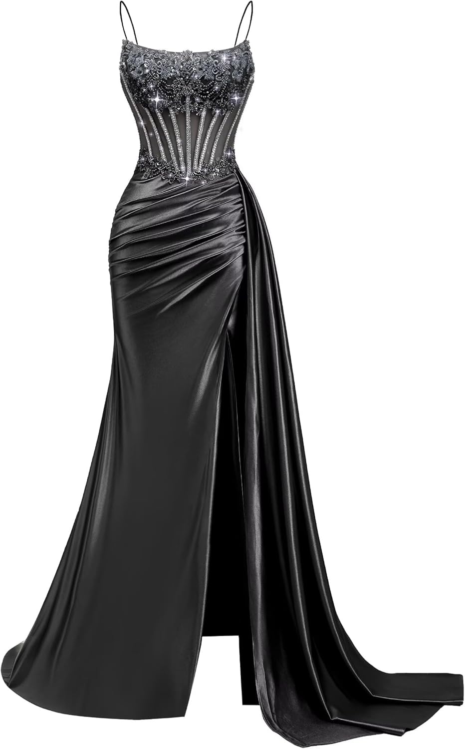 Beaded Satin Prom Dresses Long Mermaid Evening Dresses Lace Applique Corset Formal Party Gown with Slit Tail