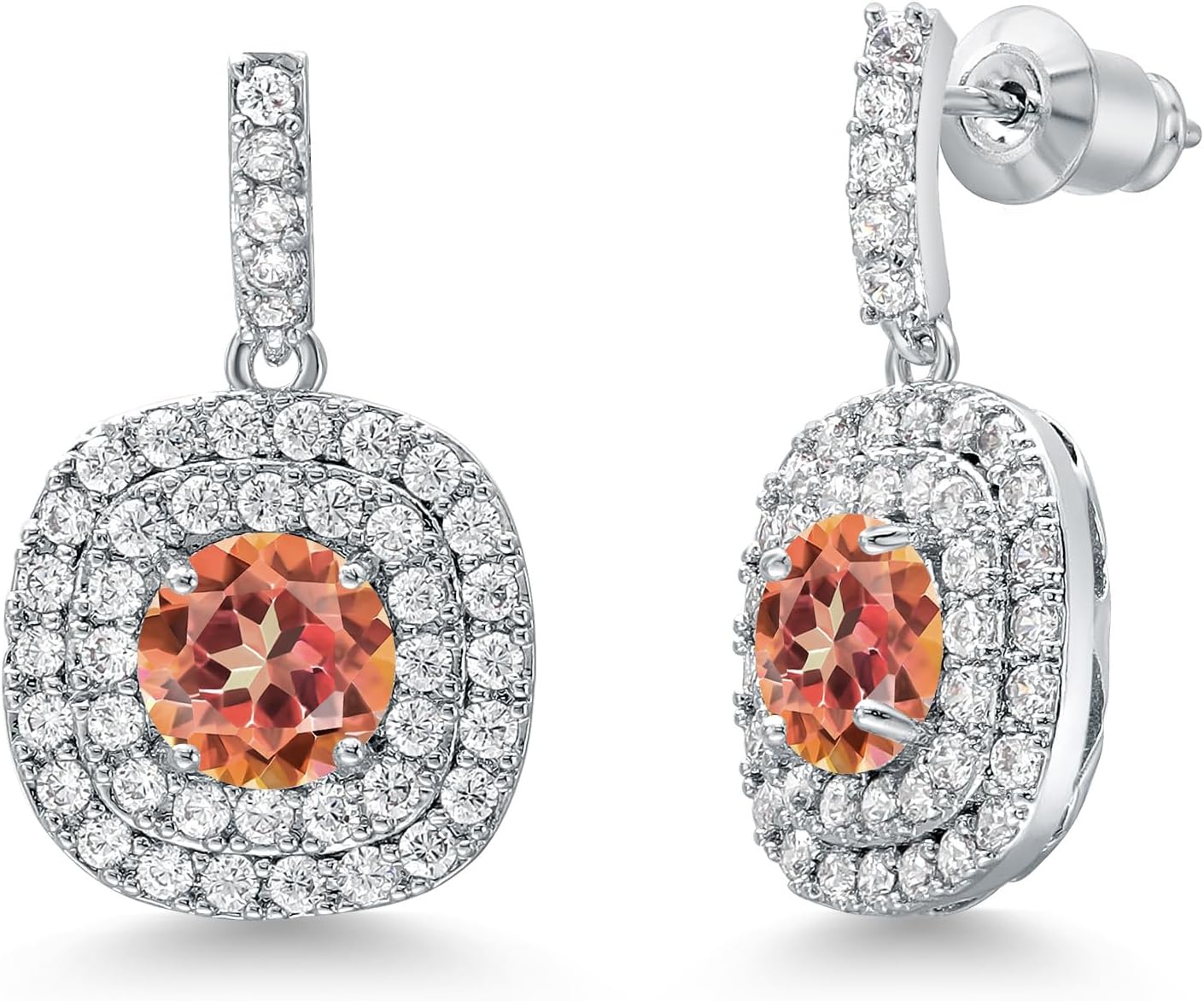 Gem Stone King 6MM Round Gemstone Birthstone Drop Dangle Double Halo Earrings For Women