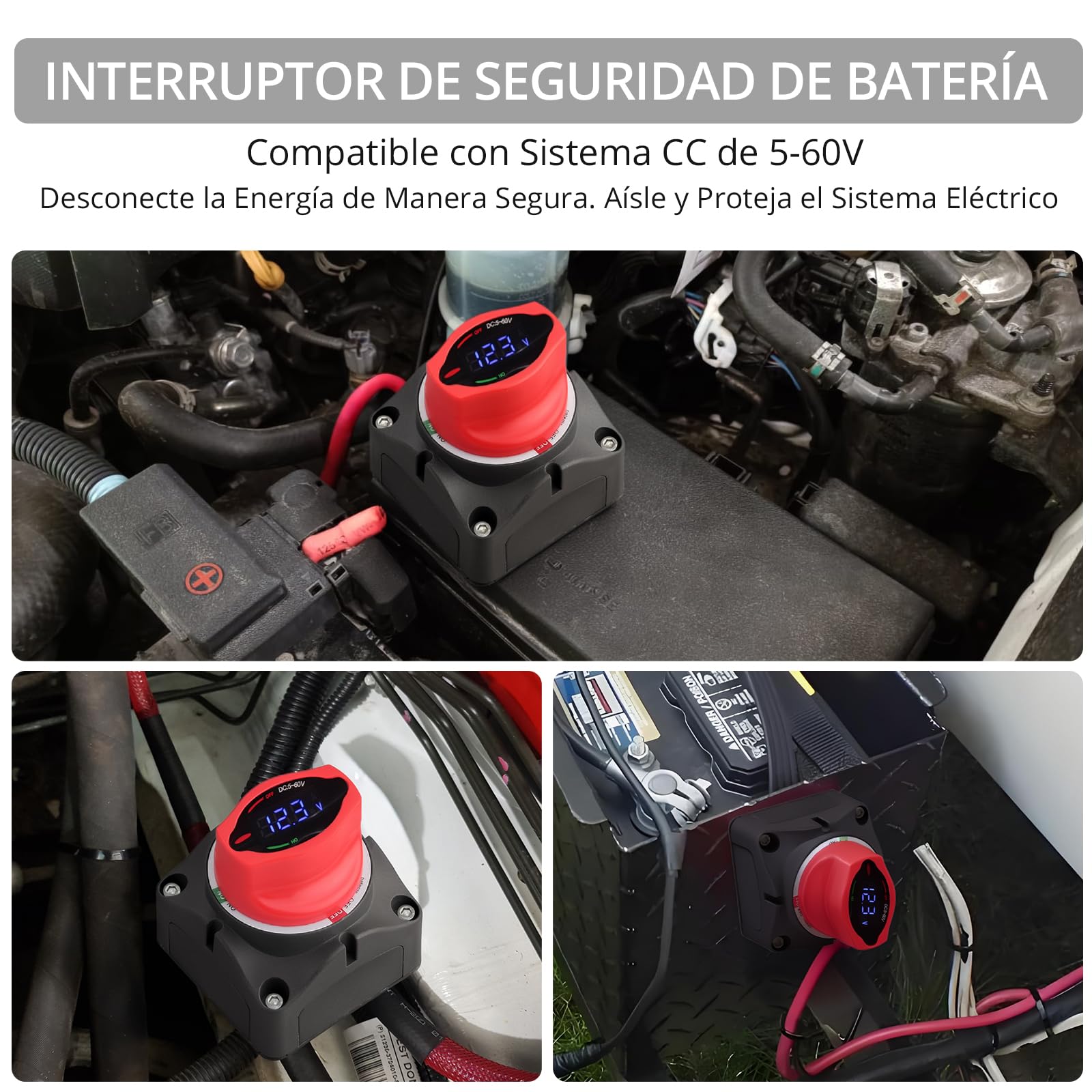 Justech Desconectador de Bateria Coche ON-OFF,5 V-60 V Interruptor de Batería con Pantalla LED para Camión,RV, Caravana,Barco,SUV