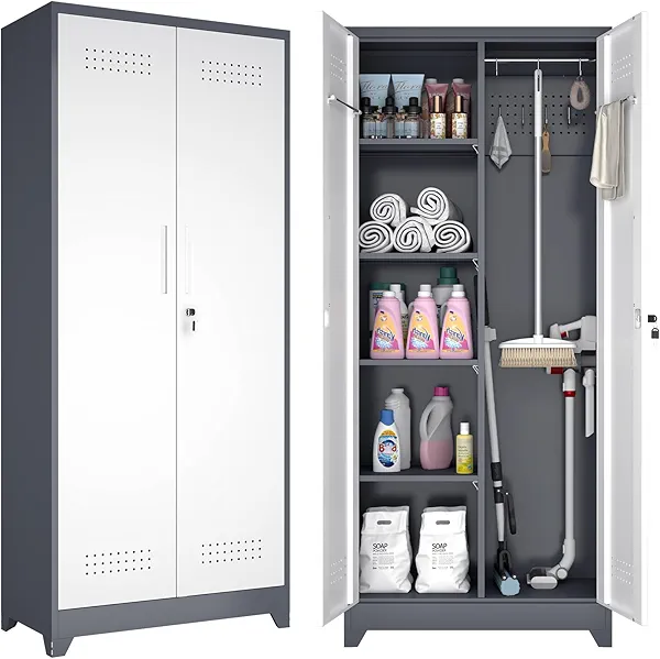 GREATMEET 72.8" H Metal Garage Storage Cabinets, Lockable Broom Closet Storage Cabinet with Doors and Shelves, Utility Cabinets for Storage Locker, Grey-White