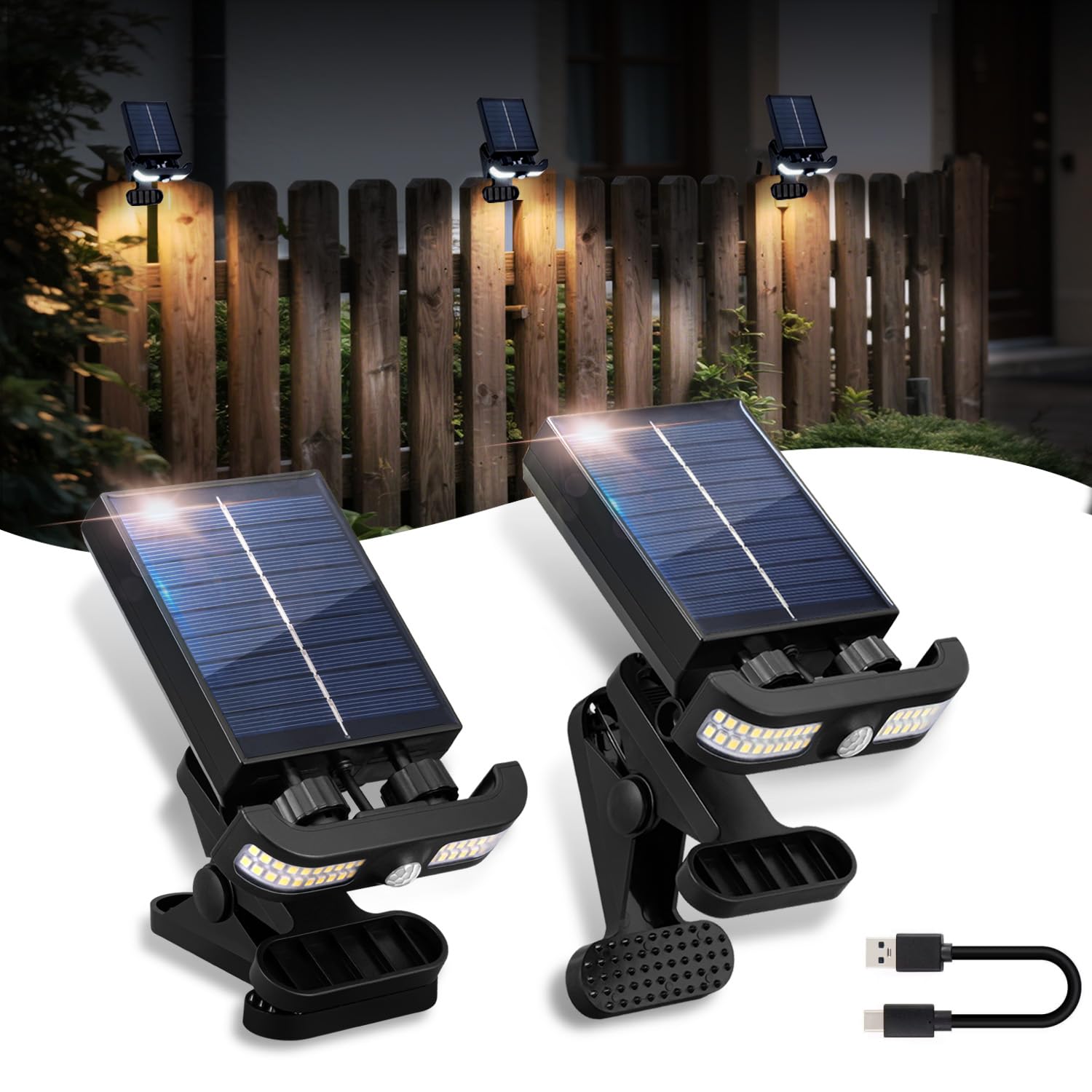 ICEKO Solarlampen für Außen mit Bewegungsmelder und Clip-Design,Dachrinnen Solarleuchten für außen,3 Modi, IP55 Wasserdicht solarstrahler für Garten, Zaun, Stufen (2 Stück)