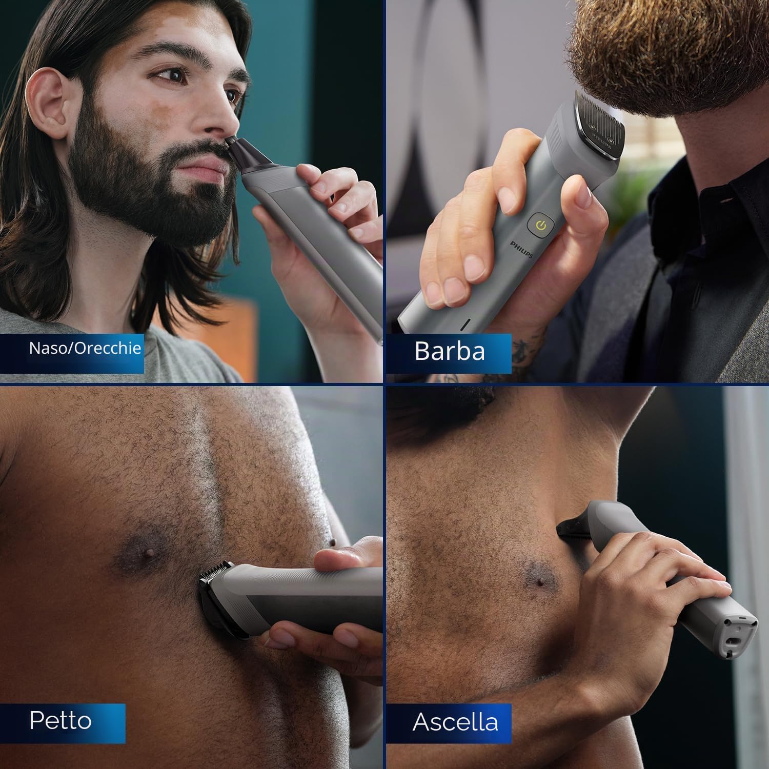 Philips Kit per la toelettatura del viso, testa e corpo 13 in 1, ricaricabile, 13 in 1, per uomo, 120 minuti di autonomia, tecnologia Beard Sense, color argento, MG5930/65