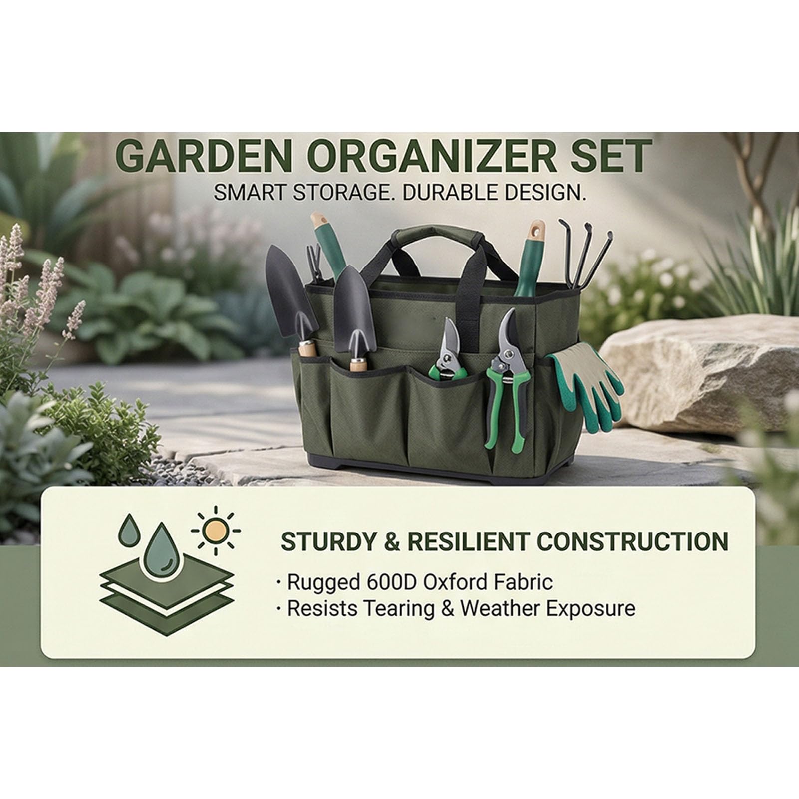 Organizador de Bolsa de Herramientas de Jardín, Tela Oxford 600D, 11 Bolsillos, Base Reforzada Plegable, Organizador de Almacenamiento de Herramientas de Jardín con Delantal y Tapete para el