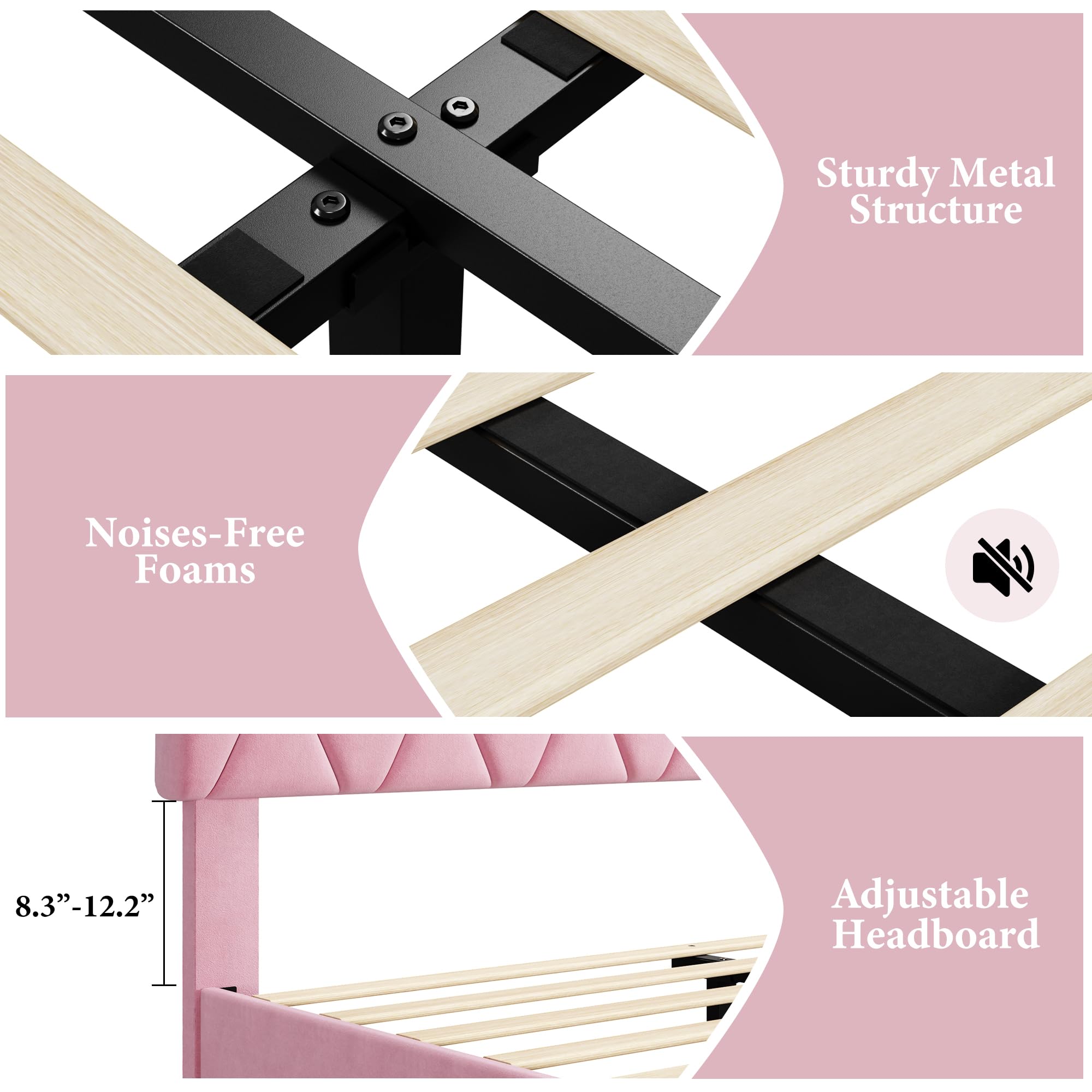 Base de cama de plataforma de tamaño individual con cabecera tapizada y soporte de listones de madera, base de colchón tapizada de terciopelo, no necesita somier, fácil montaje, rosa 6