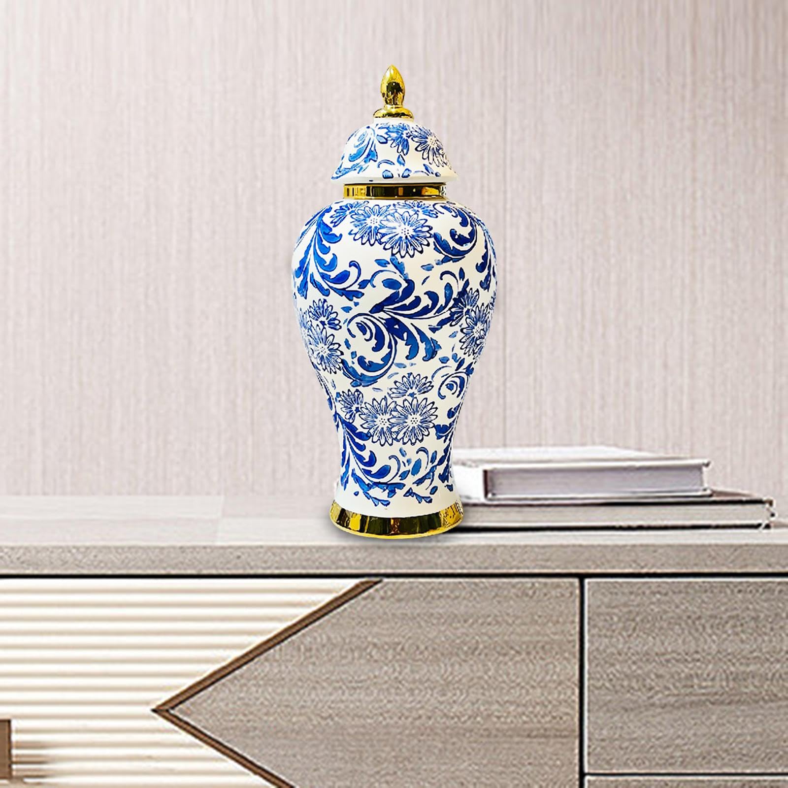 Homyl Ginger Jar Vorratsdose Porzellan Zierobjekt mit Deckel Blumenvase Traditionelles Muster für Teeaufbewahrung Büro Wohnzimmer Geschenk Arbeitszi, M