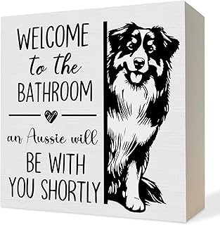 Australian Shepherd Bathroom Wooden Box Sign, Aussie Dog Bathroom Decor, Australian Shepherd Gifts Wood Block Plaque Signs for Bath Room Toilet Washroom Shelf Counter Decor, 5x5 Inch
