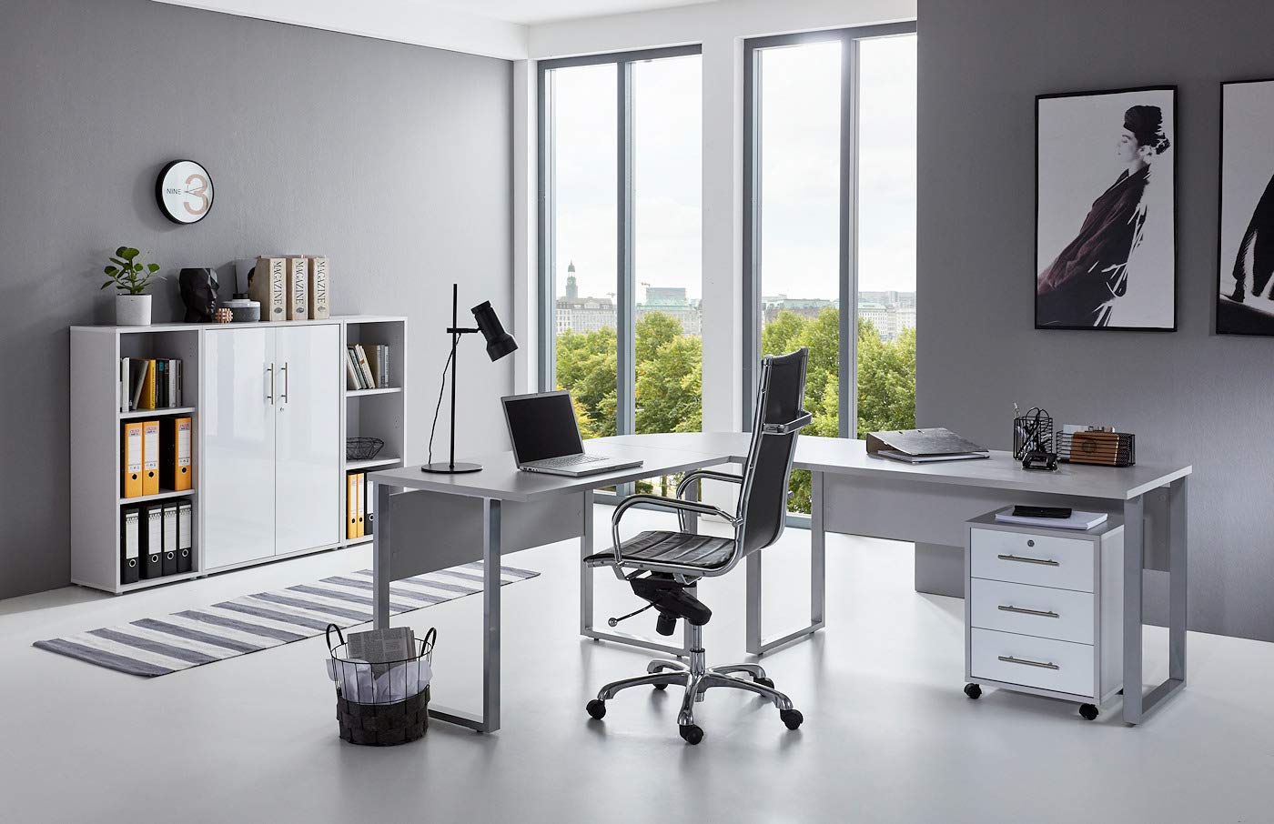 Büromöbel-Set TABOR PRO 2 Schreibtisch Stauraum modern lichtgrau weiß Hochglanz