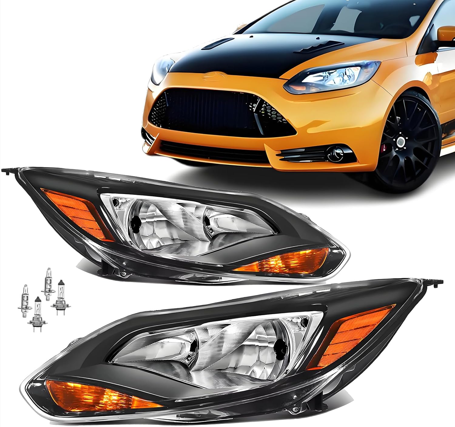 headlights assembly for 2012 2013 2014 ford focus halogen head light headlamp, bulb include, black housing amber corner 2012-2014 focus