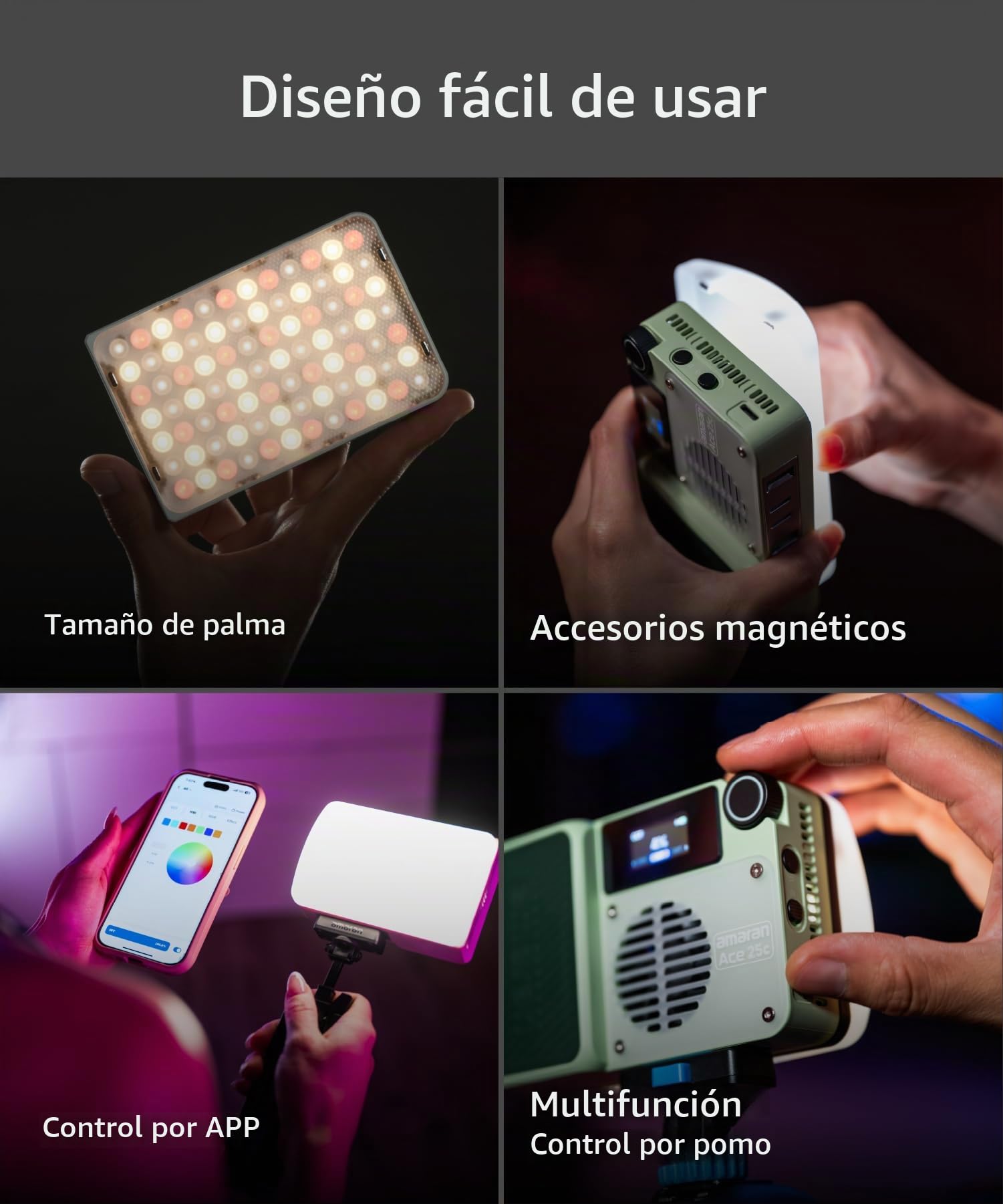 Amaran Ace 25c Luz LED RGBWW de Colores Completos, 32W Luz de Vídeo On-Camera, 2300K-10000K, 5908 Lux @ 0,5m, Carga Rápida USB-C, Montaje Magnético, Control Inalámbrico con la App amaran - Charcoal