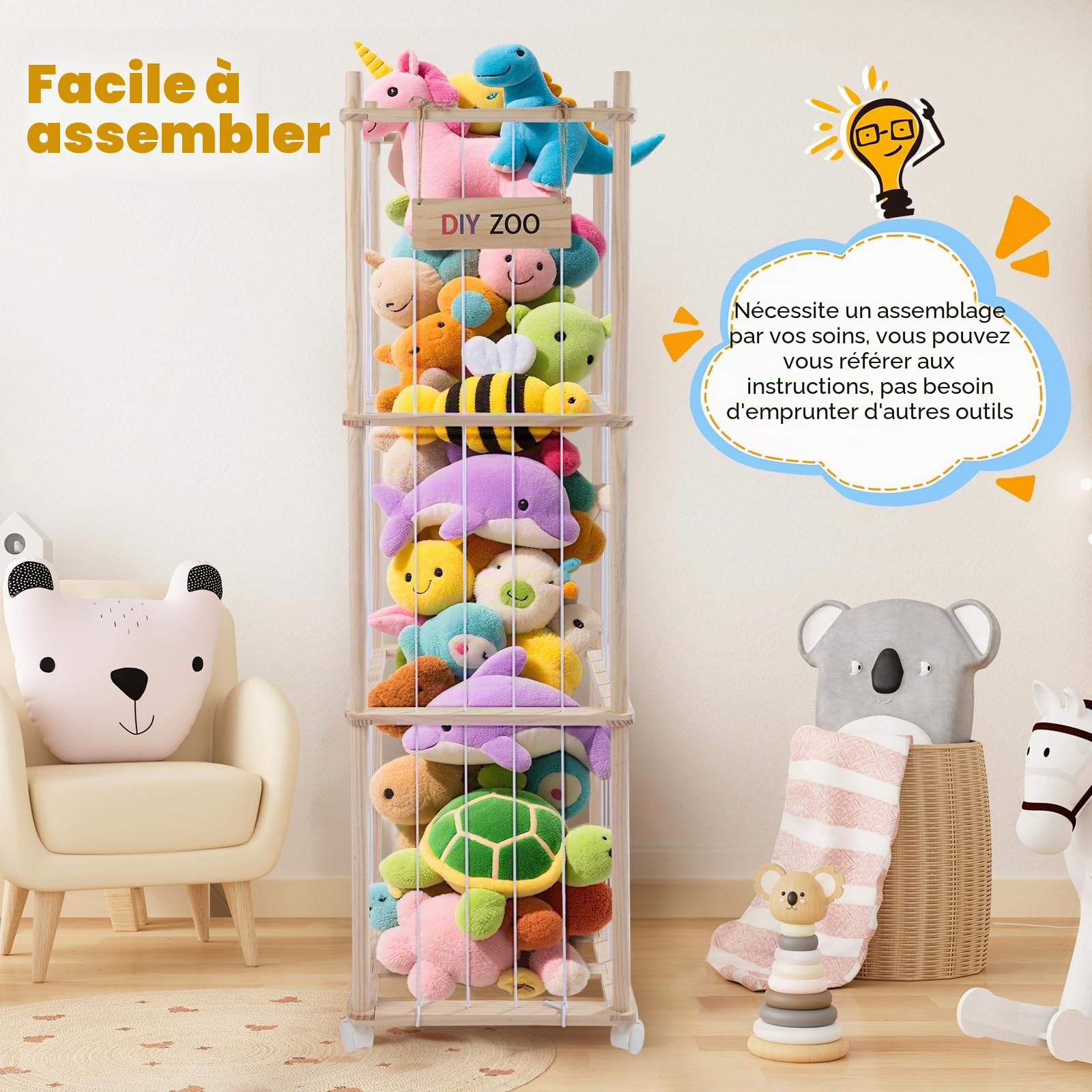 Conteneur pour animaux en peluche, 138 x 41 x 41 cm pour jouets souples en bois massif avec roues pivotantes verrouillables à 360 °, boîte pour jouets en peluche pour chambres, séjour