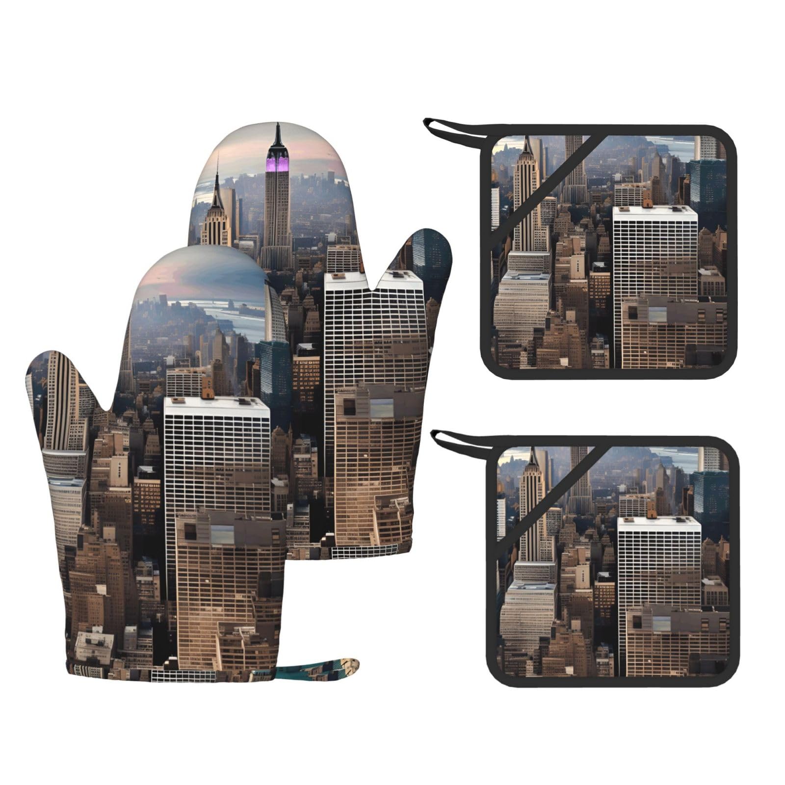 Gants résistants à la chaleur lot de 4 maniques de cuisine motif New York City