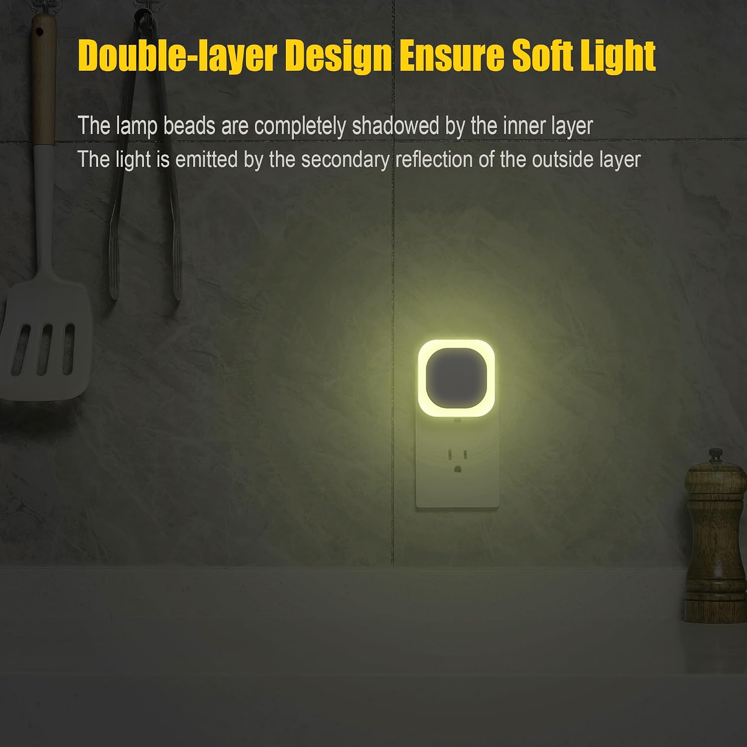 YUNLEX 2 Pack Warm White Night Light, Gentle Eye-Care with Dimmable Soft Glow & Indirect Reflection, Auto Dusk to Dawn Sensor, Plug in Nightlight for Nursery, Kids Room, Bedroom, Hallway