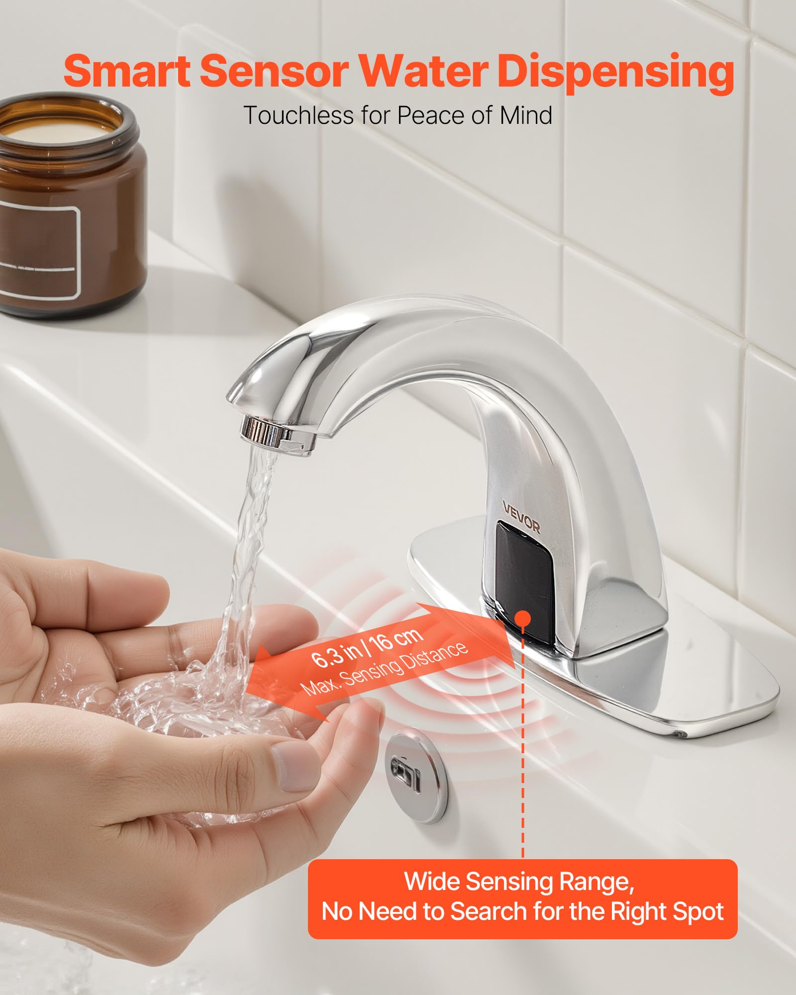 VEVOR Grifo de Lavabo Automático sin Contacto para Baño, Cuello de Cisne, Latón, Grifo a Pilas con Temperatura Ajustable y Sensor de Movimiento, Cromado Plateado, 160 x 45 x 125 mm, 7,6 L/min