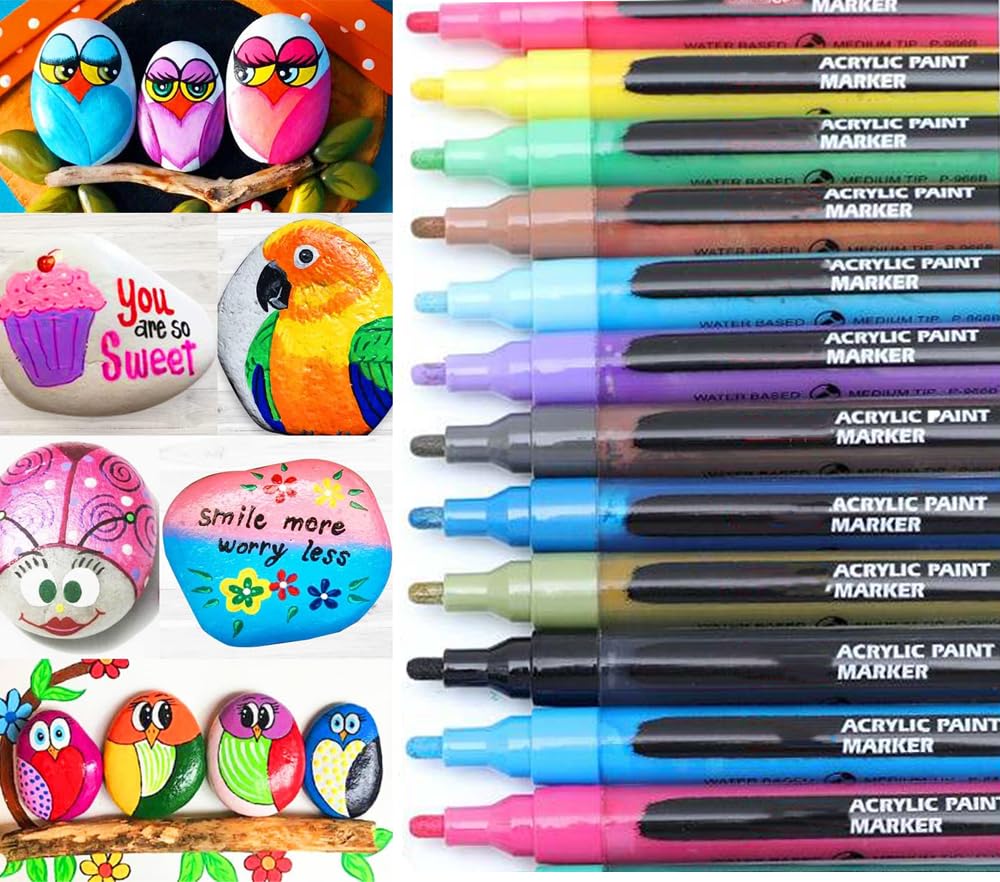 Acrylic Paint Marker, 12 Acrylic Paint Pens, Medium Tip, Water Based, Bright Colors Art & Craft Supplies for Canvas, Glass, Ceramic, Paint Marker Pen for DIY Projects (Multicolor 12 pcs)