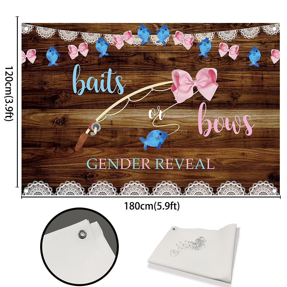 Rustic Wood Baits Or Bows Gender Reveal Backdrop - 5.9x3.9ft Pink And Blue Baby Shower Background