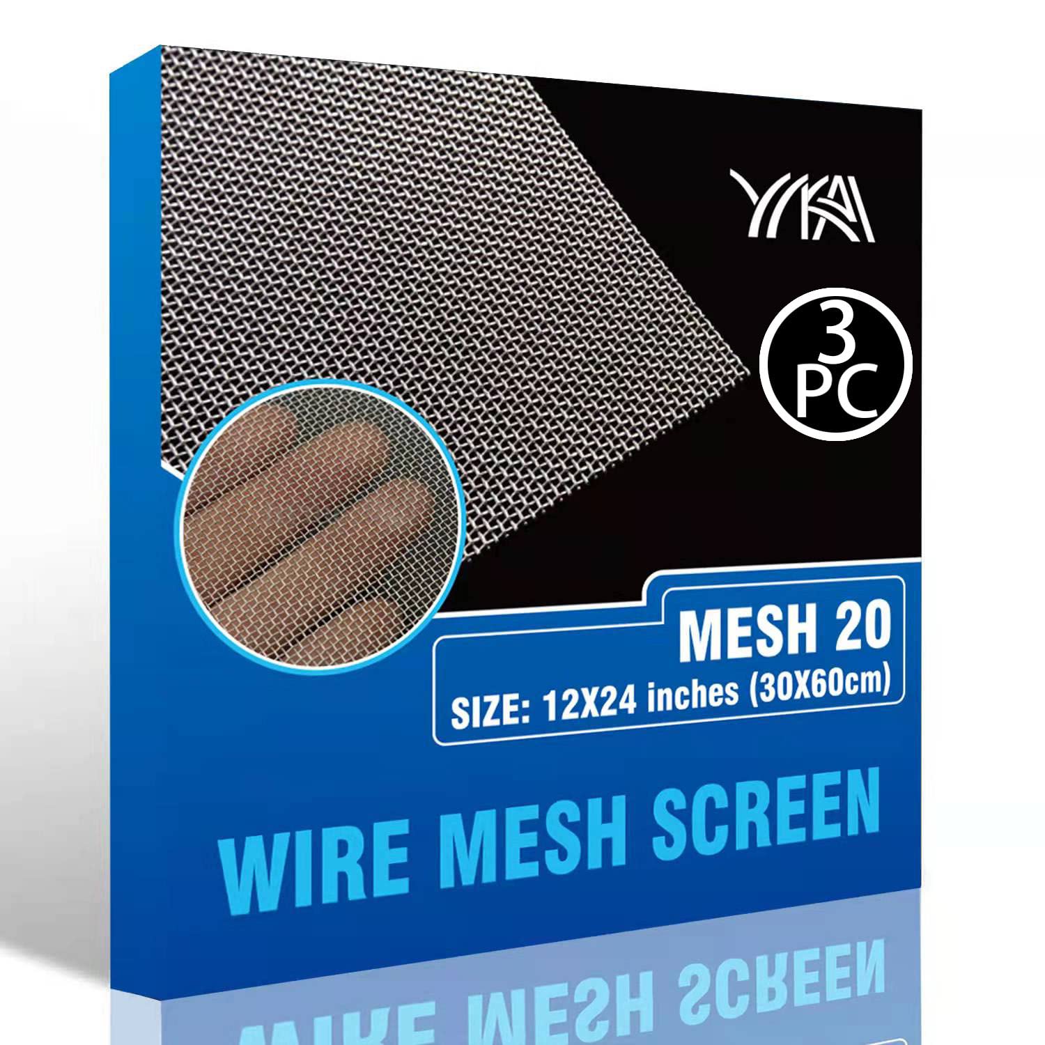 Yikai 304 Stainless Steel Mesh Screen Type Mesh 20 Wire 12"X 24" (30cm X 60cm) Woven Vent Mesh, Metal Wire Mesh for Air Ventilation, Door, Shower Drain and Cabinet (3PCS)