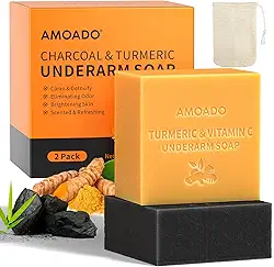 AMOADO Conjunto de sabonete desintoxicante de axilas, sabonetes desodorantes para remoção de axilas escuras, eliminação de odor, barra de açafrão natural com VC, sabão de carvão com menta - bolsa de