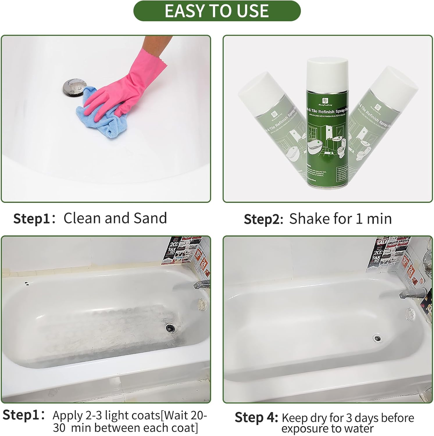 450ML White Spray Tub and tile Paint, Suitable for repairing ceramic walls, kitchen countertops, washbasins, toilets, bathtubs, etc. It is a universal surface repair kit for vases, wood, metal appliances, glass, with high adhesion,Suitable for DIY on various surfaces
