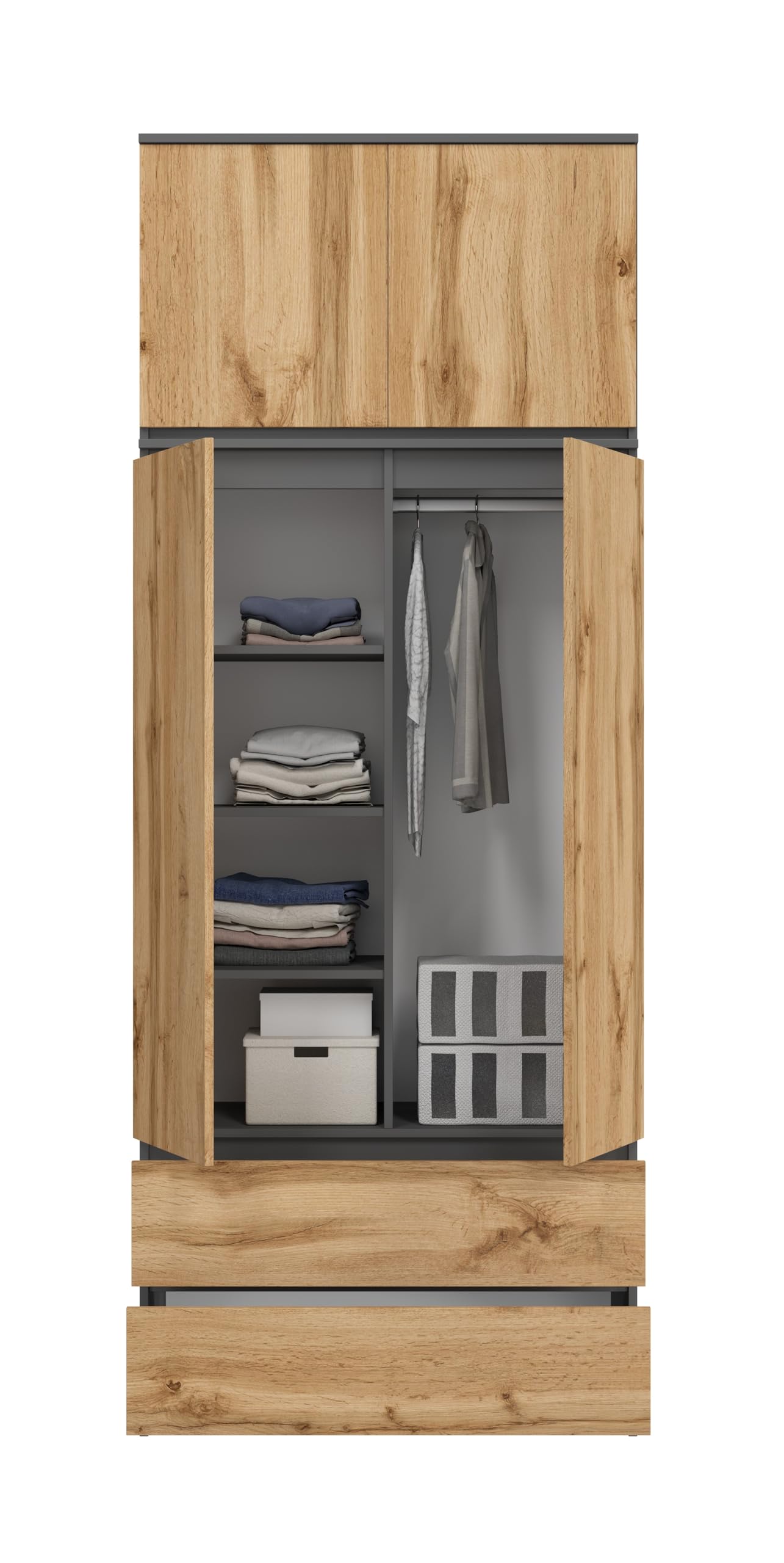 Großer Kleiderschrank, Schrank mit 4 Türen, 2 Schubladen, 6 Einlegeböden und Kleiderständer, Mehrzweckschrank, Garderobenschrank 235x90x50,5cm (Grafit/Eiche Wotan)