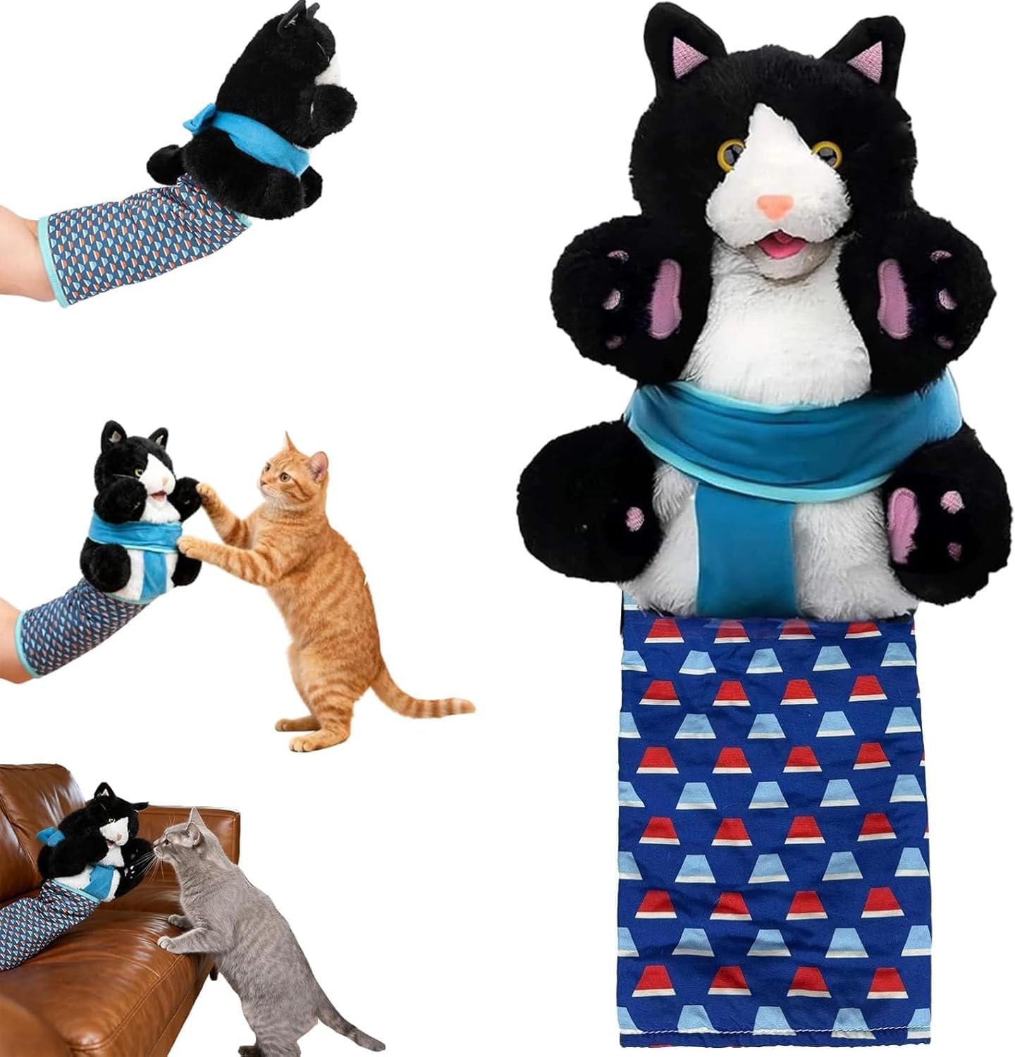 Kitty Karate Cat Wrestler Puppet with Protective Forearm Sleeve, Karate Kitten Glove Interactive Arm Wrestling Puppet Toy, Realistic Movements, Soft Plush for Kittens & Cats (Black)