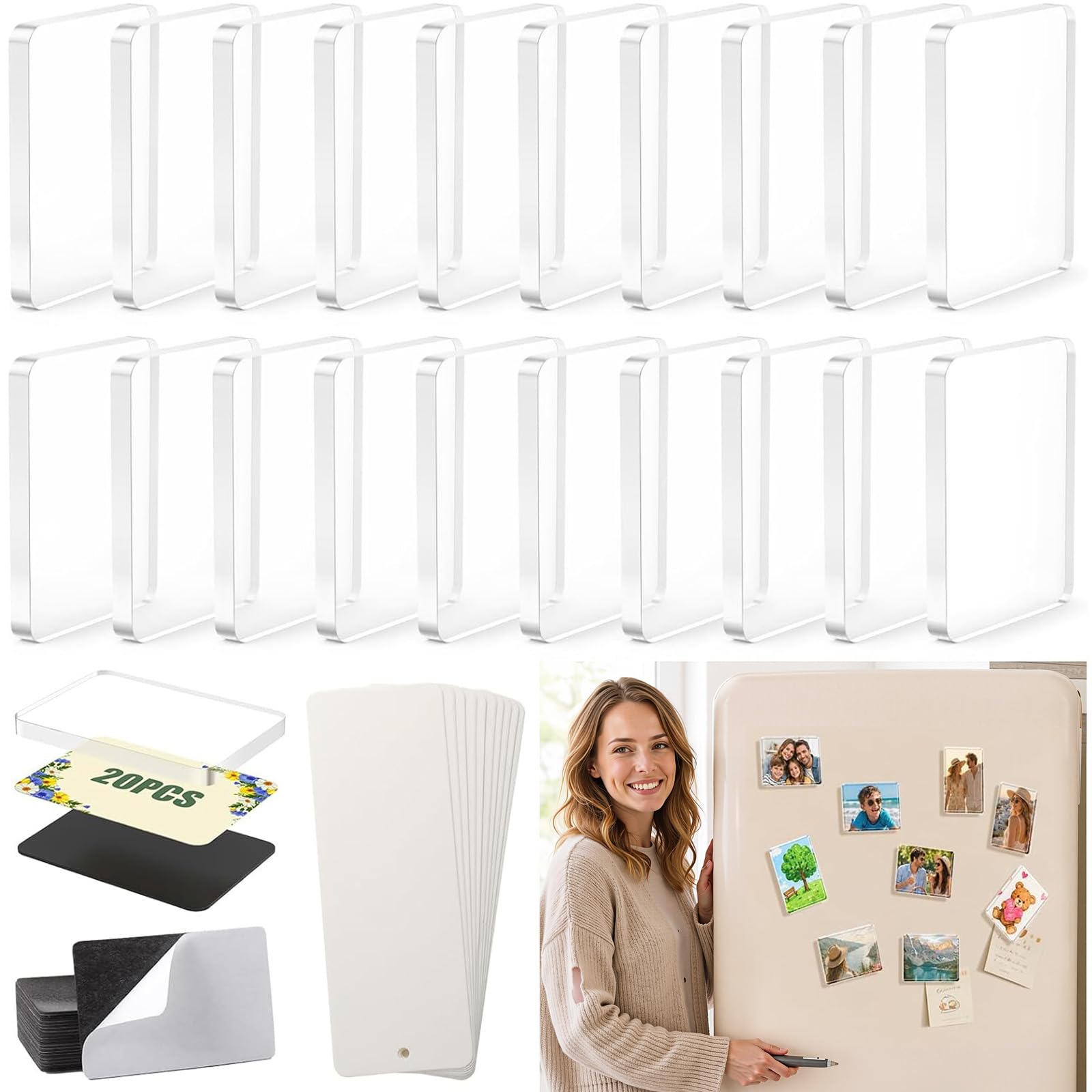 20 Pack DIY Fridge Magnet Kit, Clear Acrylic Fridge Magnet Maker for Photos