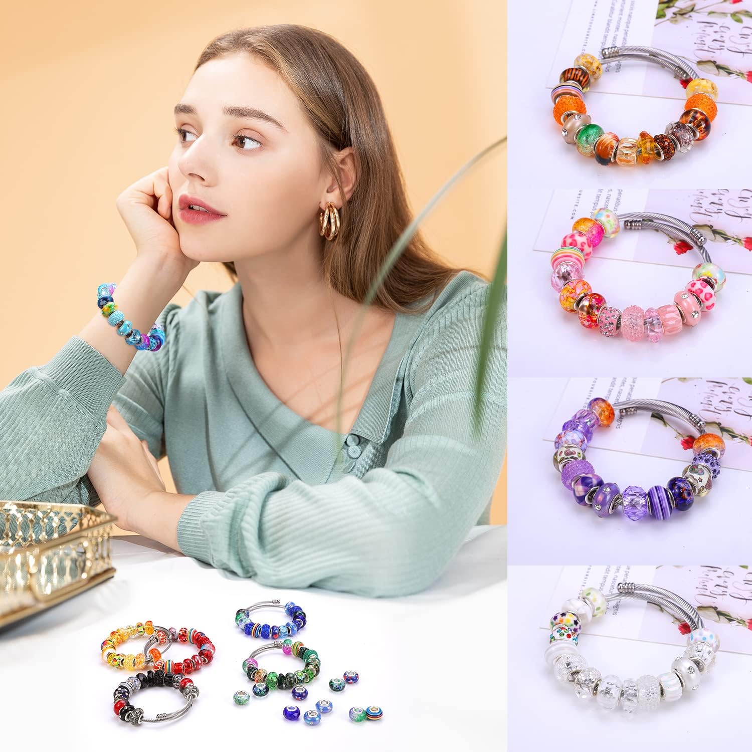 240 Pieces Assorted European Craft Beads Large Hole Lampwork Spacer Beads Colorful European Beads for DIY Necklace Bracelet Jewelry Making (Mix Color Style) - Image 7