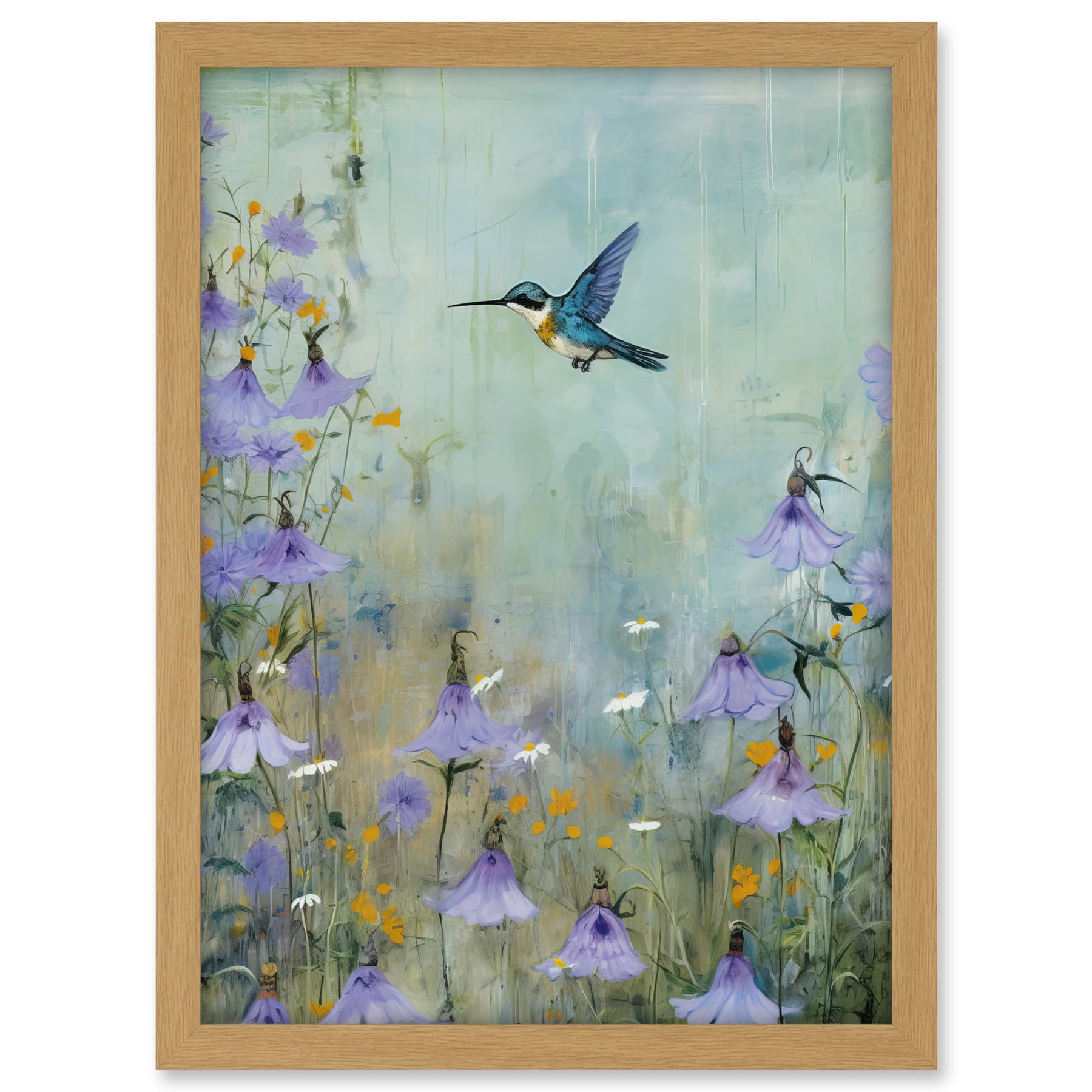 Artery8 Bluebell Hummingbird Pastel Painting Nectar Flowers Field Oil Painting Colour Artwork Framed A3 Wall Art Print