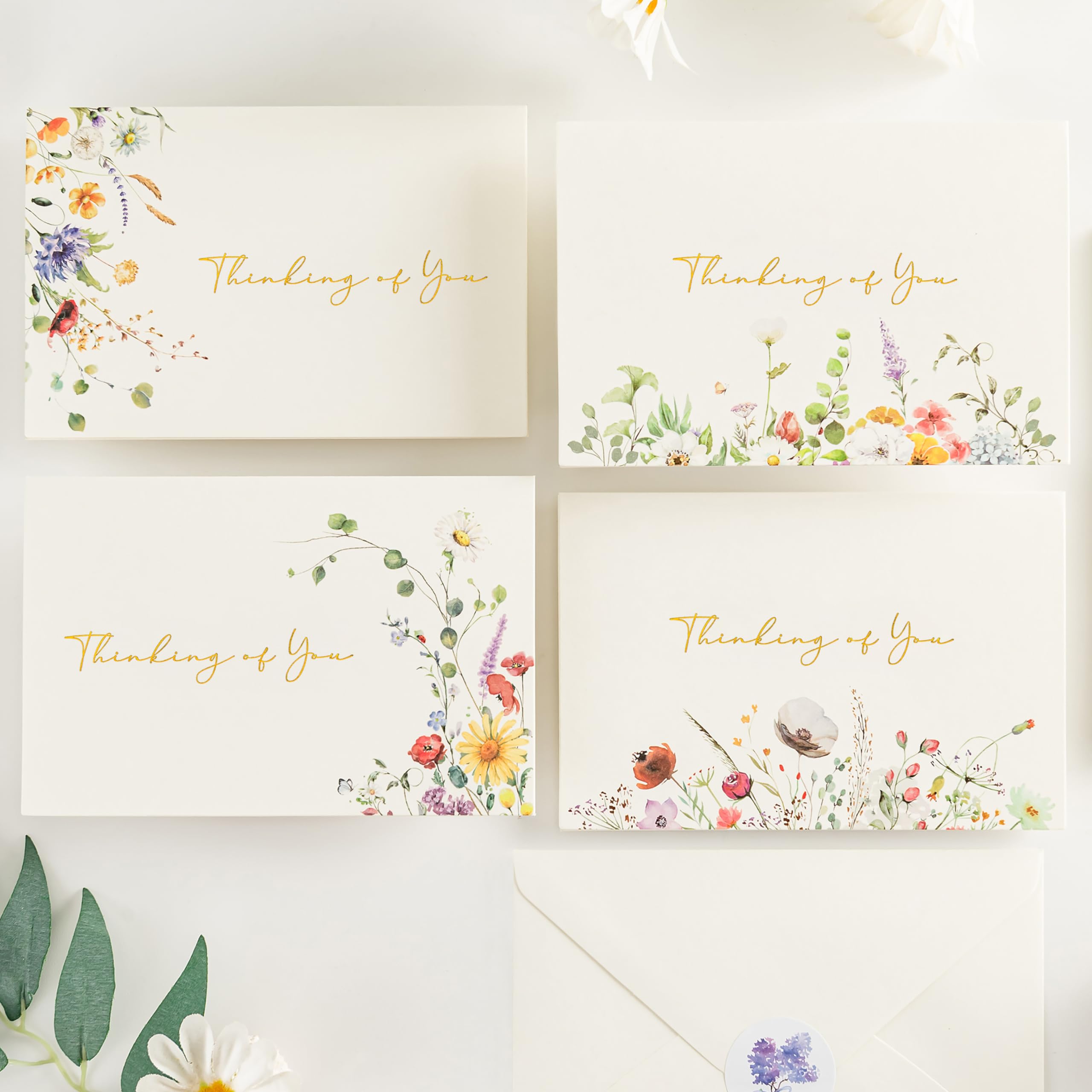 Crisky 25 Pack Wildflower Gold Foil Thinking of You Greeting Cards with Envelopes Printable Boxed 4 Assortment Encouragement Cards to Send to Close Friends, Relative or Loved One