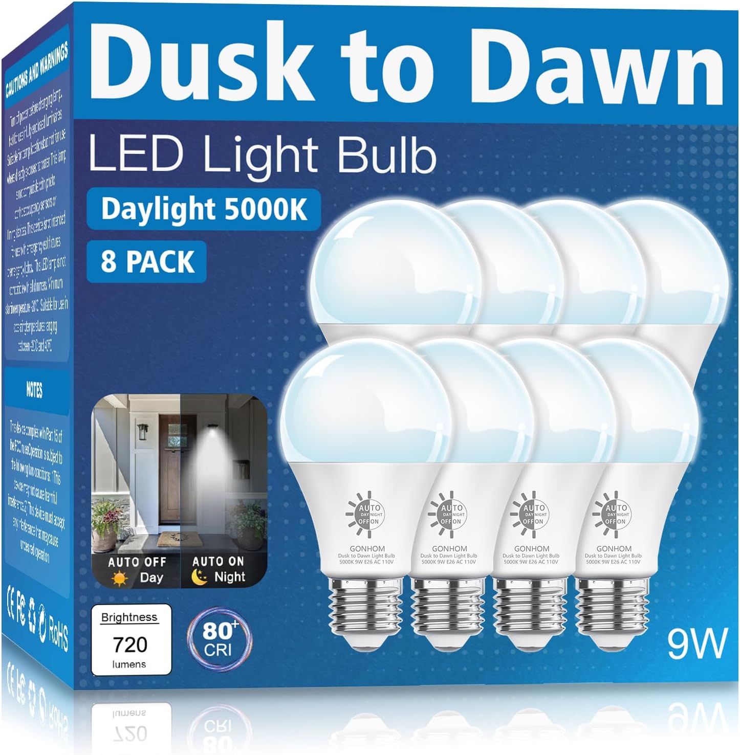 Paquete de 8 bombillas LED de atardecer a amanecer para exteriores, 5000 K, luz diurna, 720 lúmenes, 9 W (equivalente a 60 W) A19 E26 bombillas LED