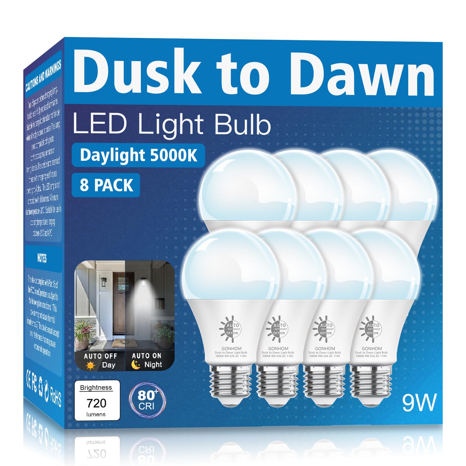 Gonhom LED-Glühbirnen für den Außenbereich, 5000 K Tageslicht, 720 lm, 9 W (entspricht 60 W), A19 E26, automatisches Ein-/Ausschalten, LED-Außenbeleuchtung für Veranda, Garage, Terrasse, 8 Stück