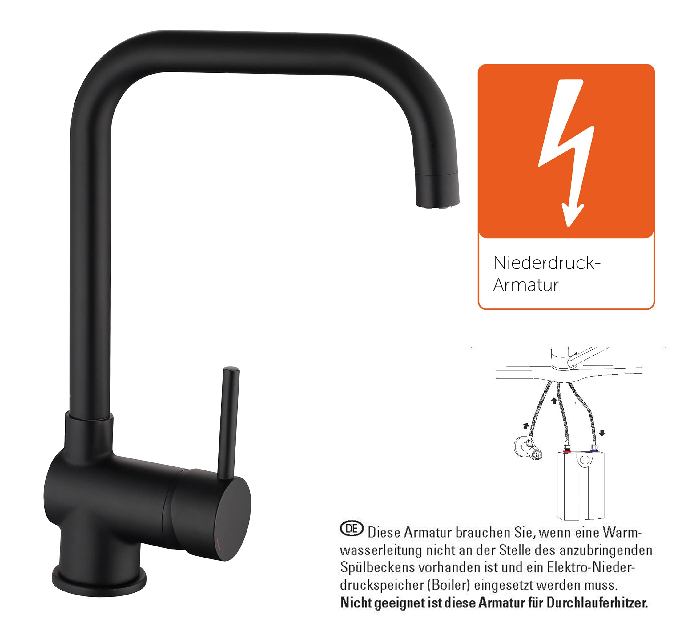 EISL FUTURA Spültischarmatur, Niederdruck Armatur Küche, energiesparende Küchenarmatur, Wasserhahn Küche 360° schwenkbar, Einhebelmischer Schwarz matt, NI182GABL-LP