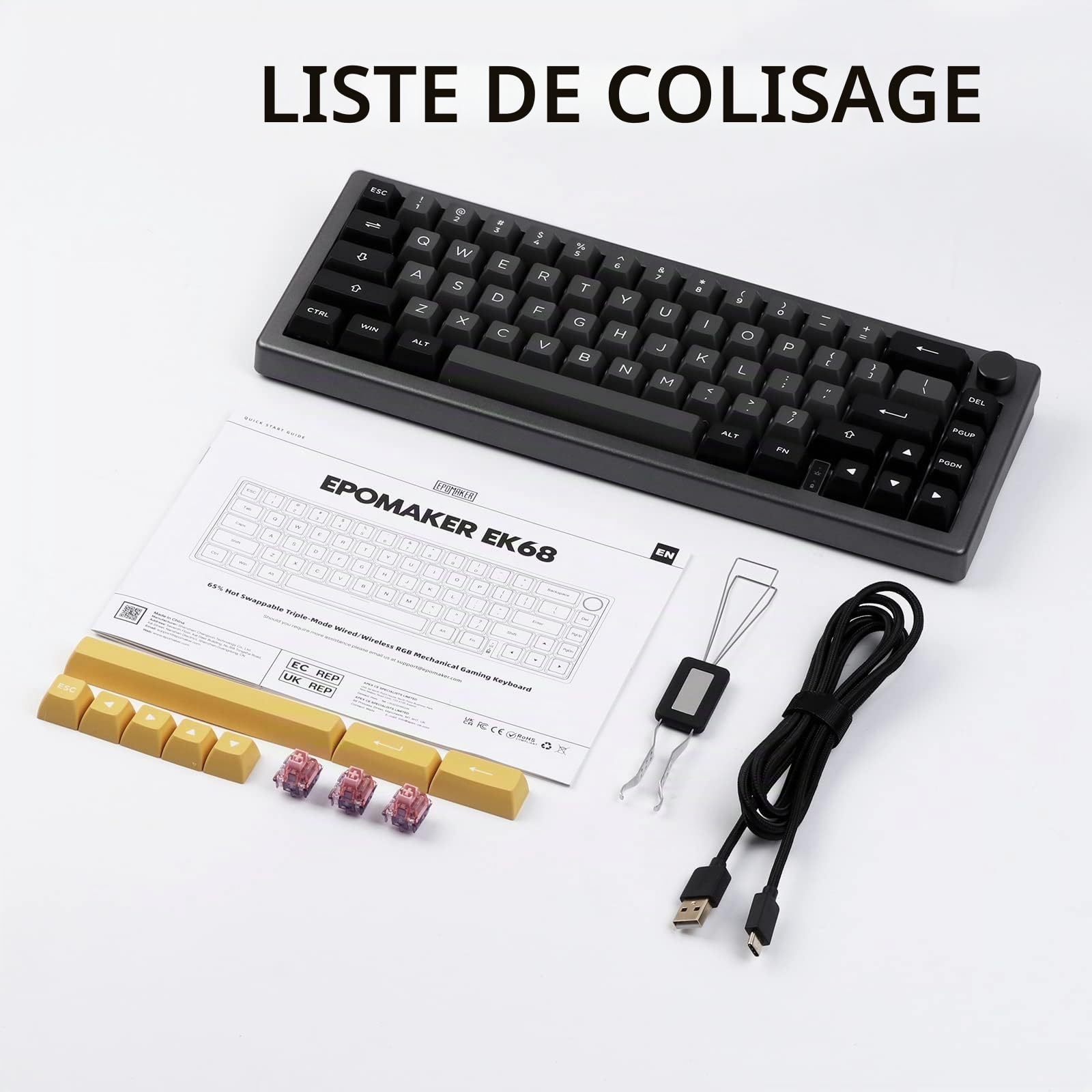 EPOMAKER EK68 Clavier Mécanique SansFil/Bluetooth/USB-C. Clavier 65% avec Batterie 3000mAh, Bouton de Volume, RGB, HotSwap, pour Gaming/Bureau/PC/Mac/Linux ((US) Argent Noir, Wisteria Linear Switch)