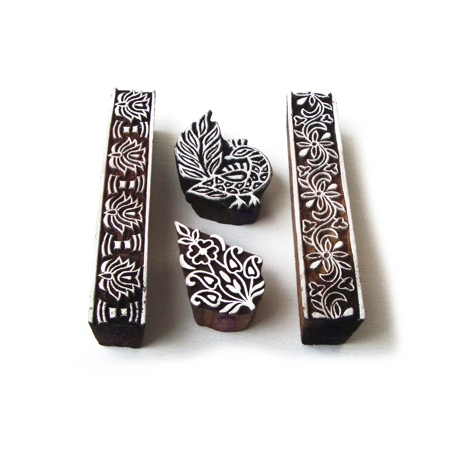 Hand Made Peacock and Border Designs Wood Blocks for Printing (Set of 4) Htag0191