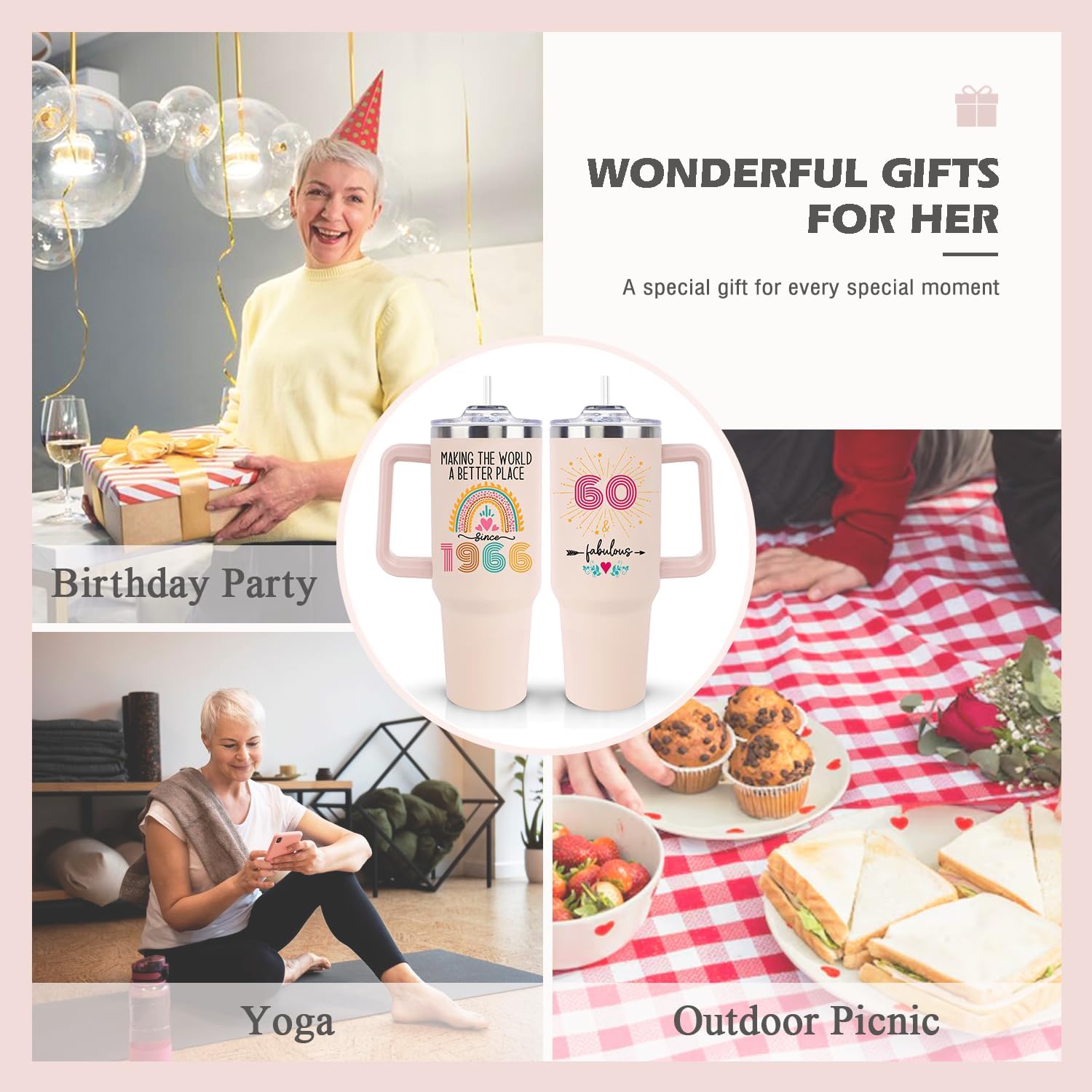 60th Birthday Gifts for Women Her, Cool 1966 60 th Birthday Gifts for Woman Turning 60 Year Old, 60th Birthday Decorations for Women Mom, 60th Birthday Gifts Ideas, 60 and Fabulous 40oz Tumbler Cup - Image 2