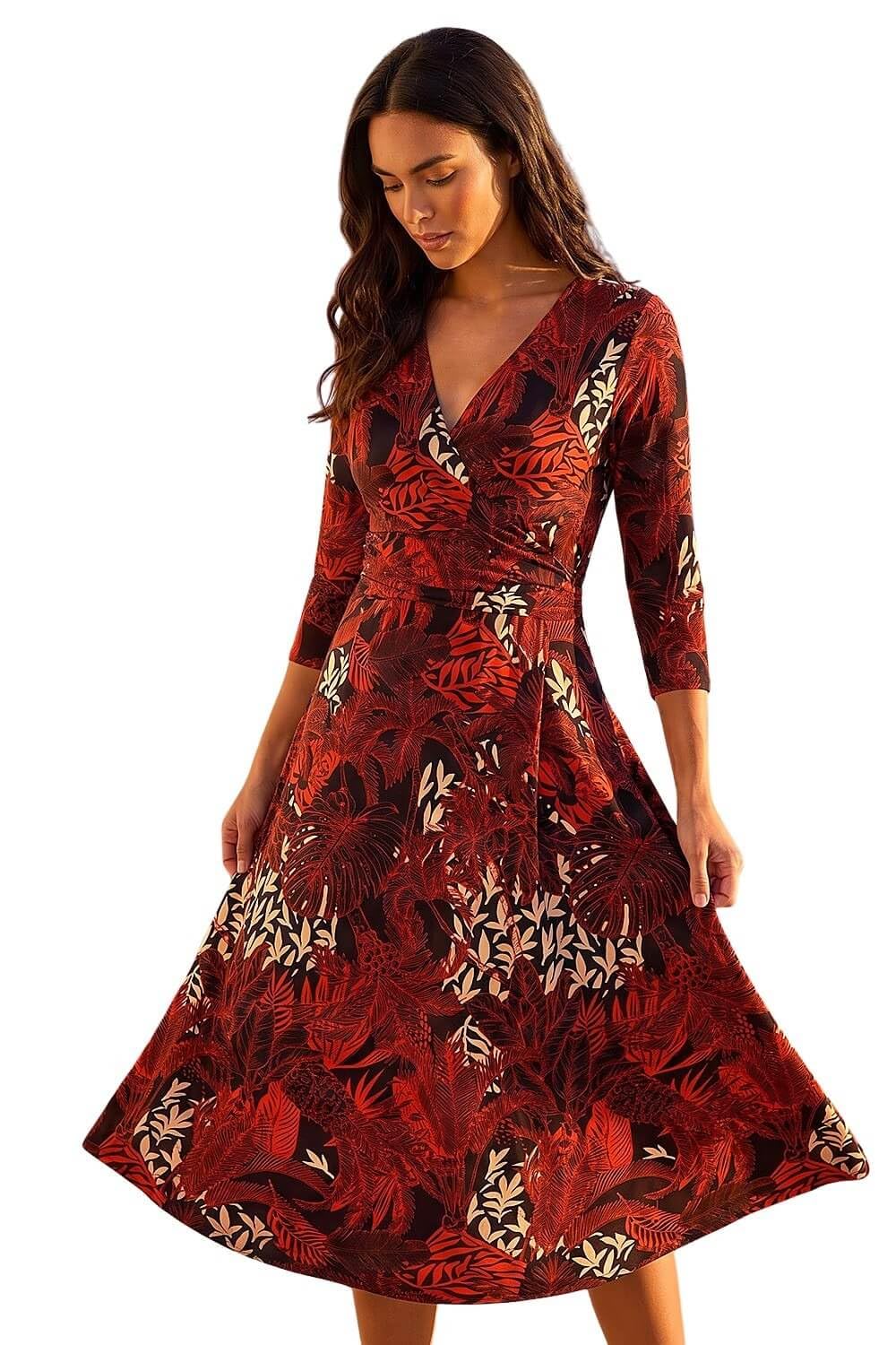 Roman Women's Orange Leaf Print Wrap Midi Stretch Dress Size 12
