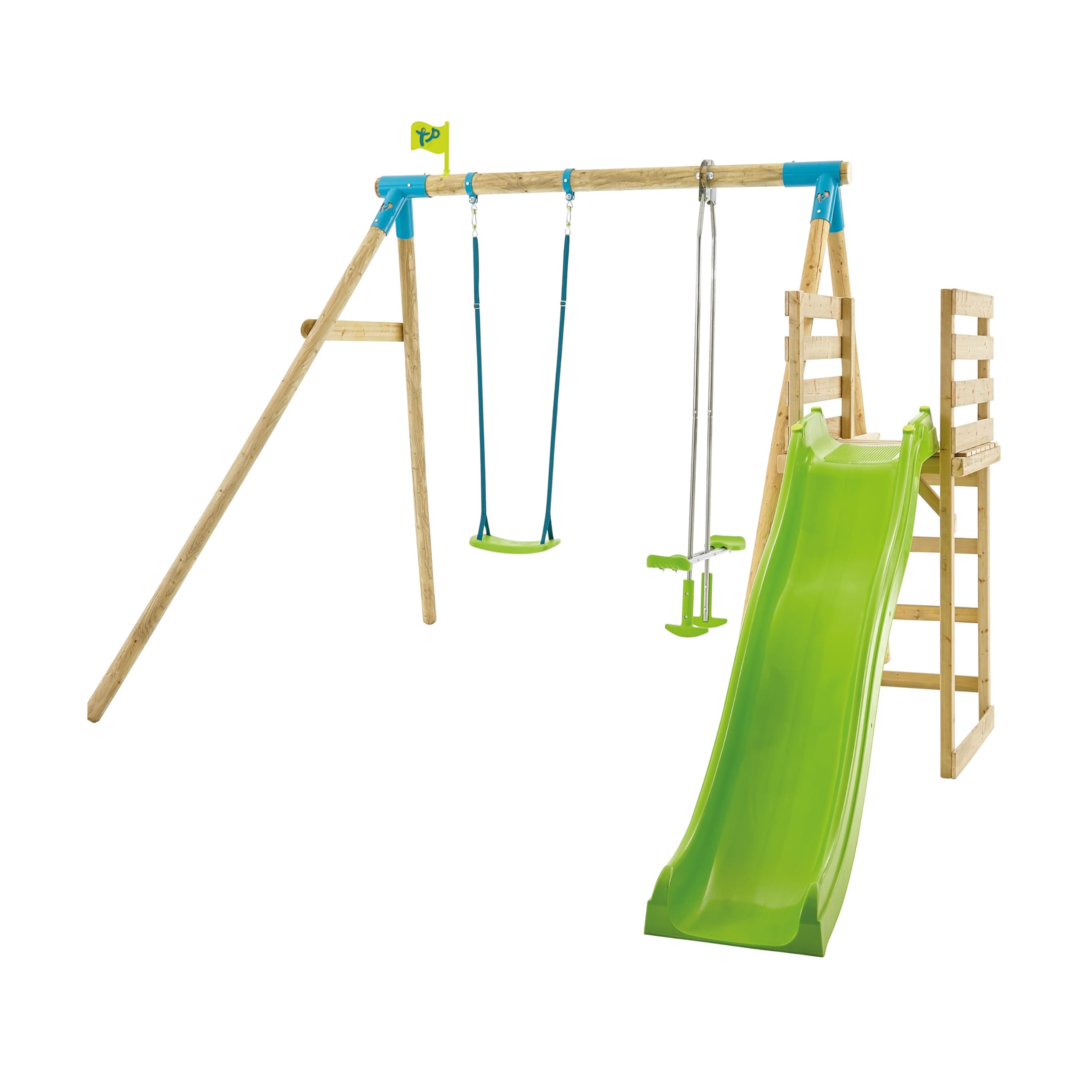 TP ToysKite Wooden Double Swing Set With 8ft Ripple Slide With Play Activities - Swing, Slide And Climb. Includes 2 Seater Glider, Soft Webbing, 8FT Long Slide. FSC Certified Timber - 3 Years +
