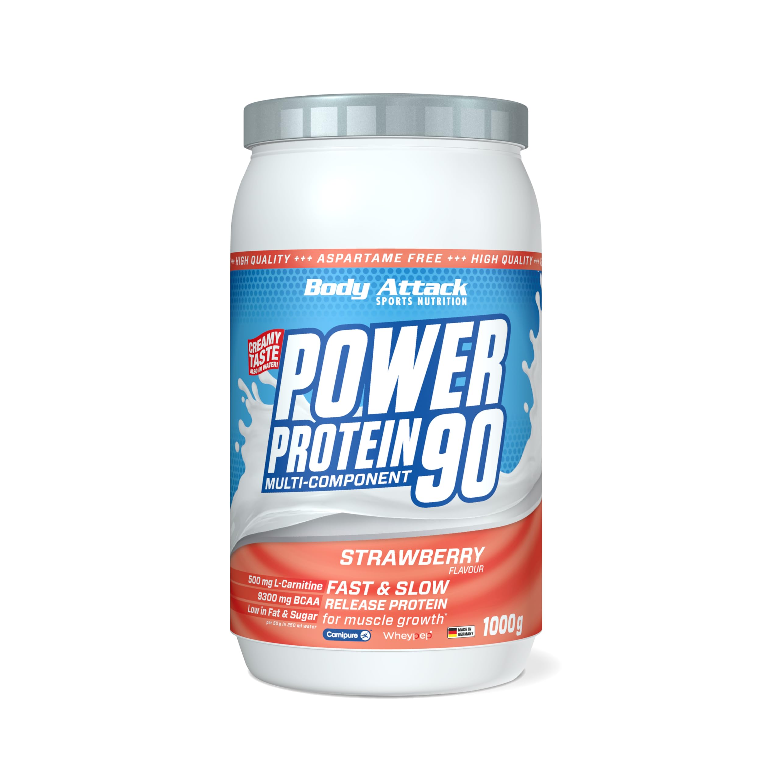Body Attack Power Protein 90, 5K protein powder de whey protéine, L-Carnitine et BCAA pour la croissance musculaire et le fitness - blanc oeuf poudre, Fraise, 1kg
