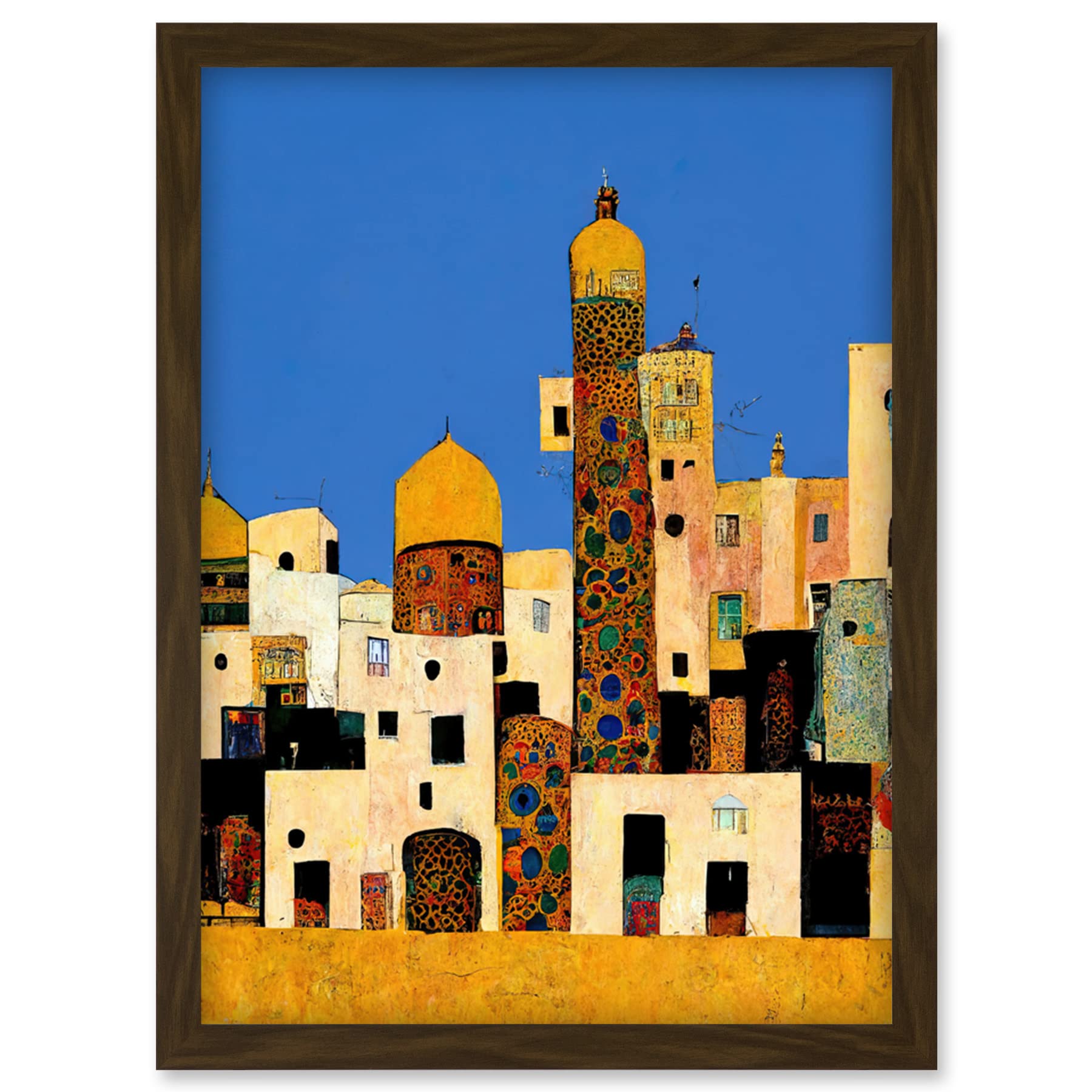 Doppelganger33 LTD Klimt Style Moroccan Cityscape Blue Gold Artwork Framed Wall Art Print A4