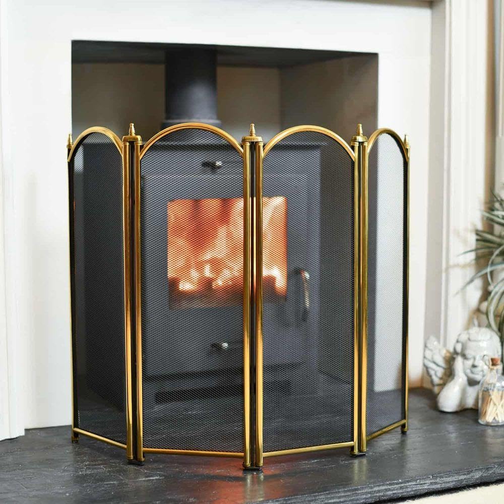 Black Country Metal Works Brass Dynasty Four Fold Polished Fireguard Fire Screen – Classic Style Mesh Guard For Log Burners & Open Fires – Spark & Debris Protection
